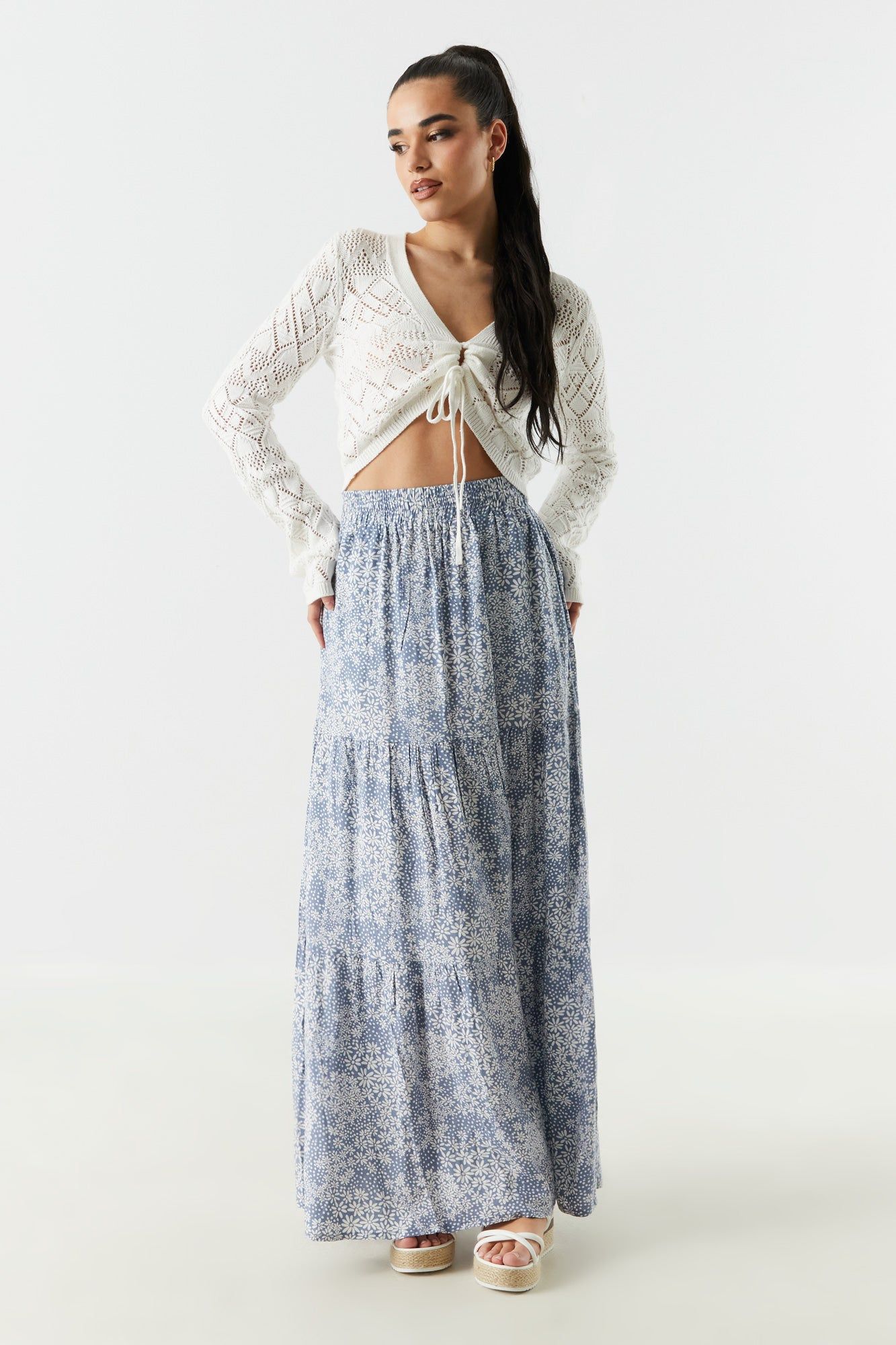 Blue Floral Print Tiered Maxi Skirt sold by Charlotte Russe