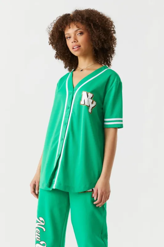 New York Graphic Button-Up Front Baseball Jersey sold by Charlotte Russe