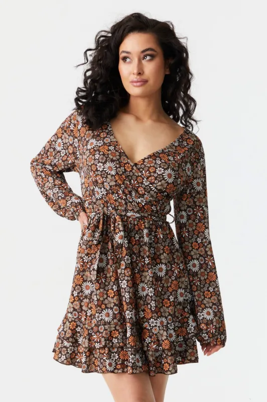 Orange Floral Print Ruffled Hem Self-Tie Wrap Dress sold by Charlotte Russe