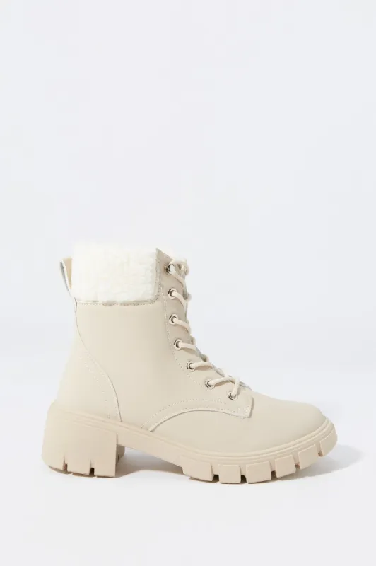 Fur Collared Lug Heeled Boot sold by Charlotte Russe