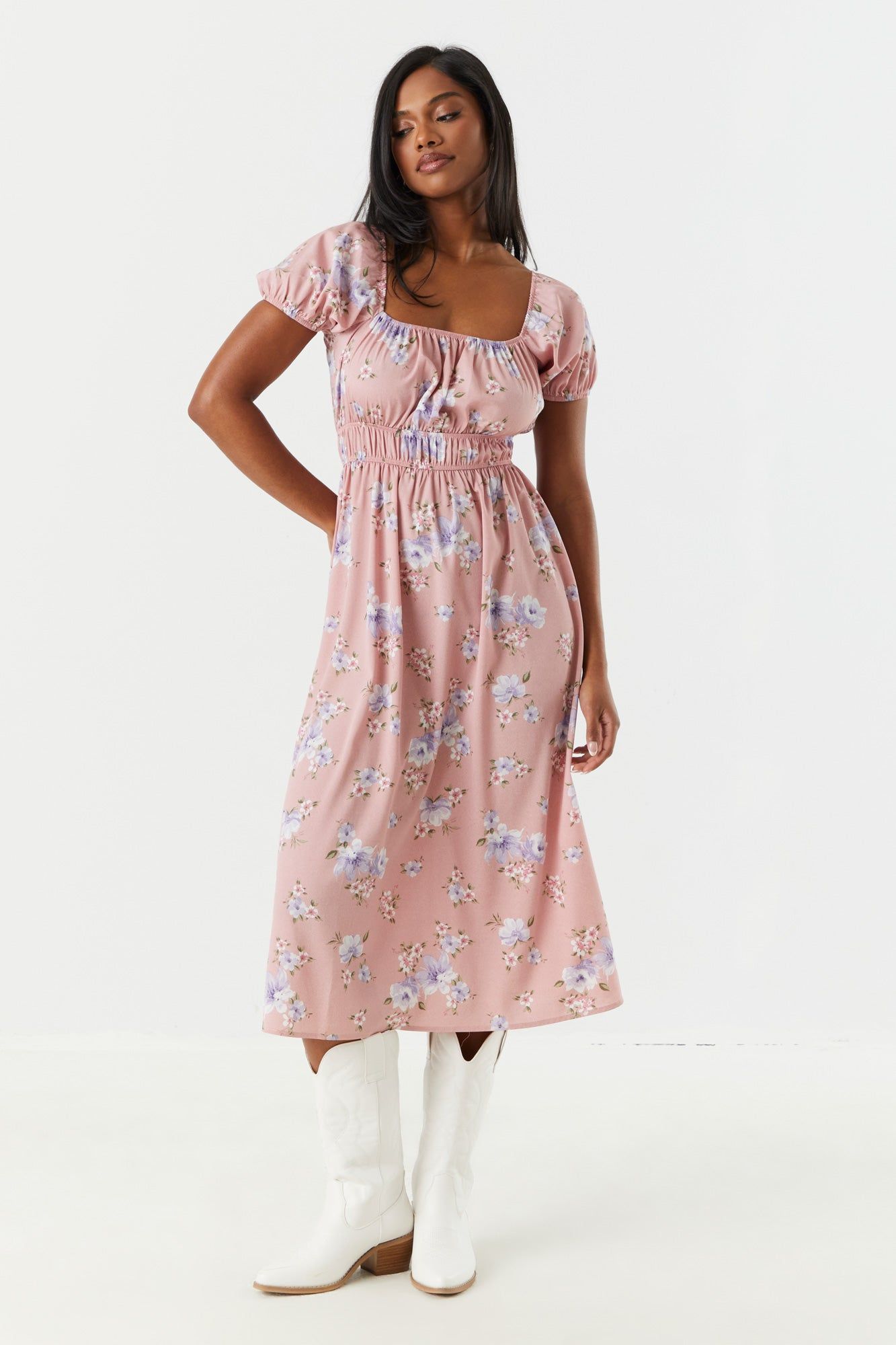 Pink Floral Milkmaid Midi Dress sold by Charlotte Russe