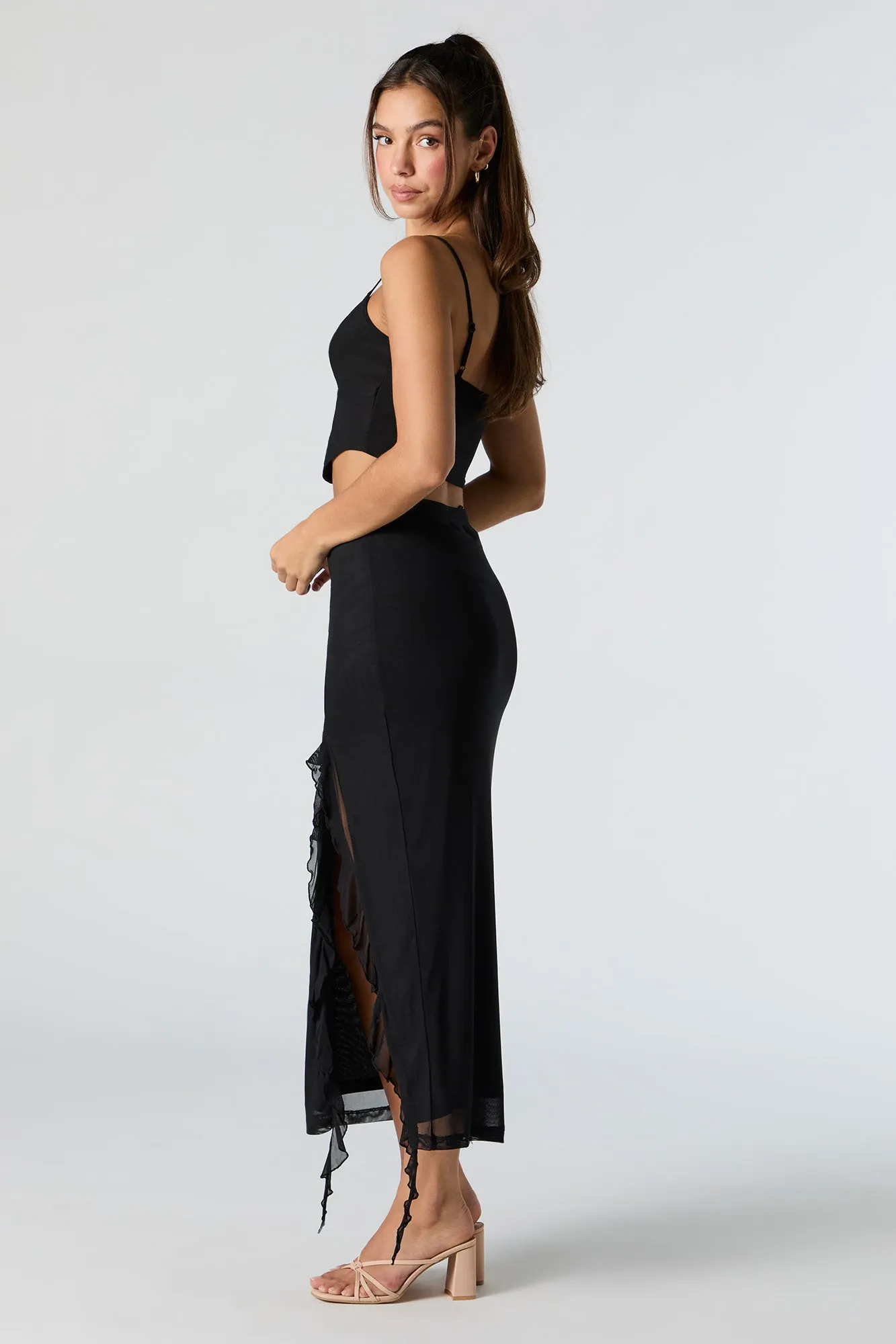 Mesh Ruffle Slit Midi Skirt sold by Charlotte Russe product image thumbnail 2