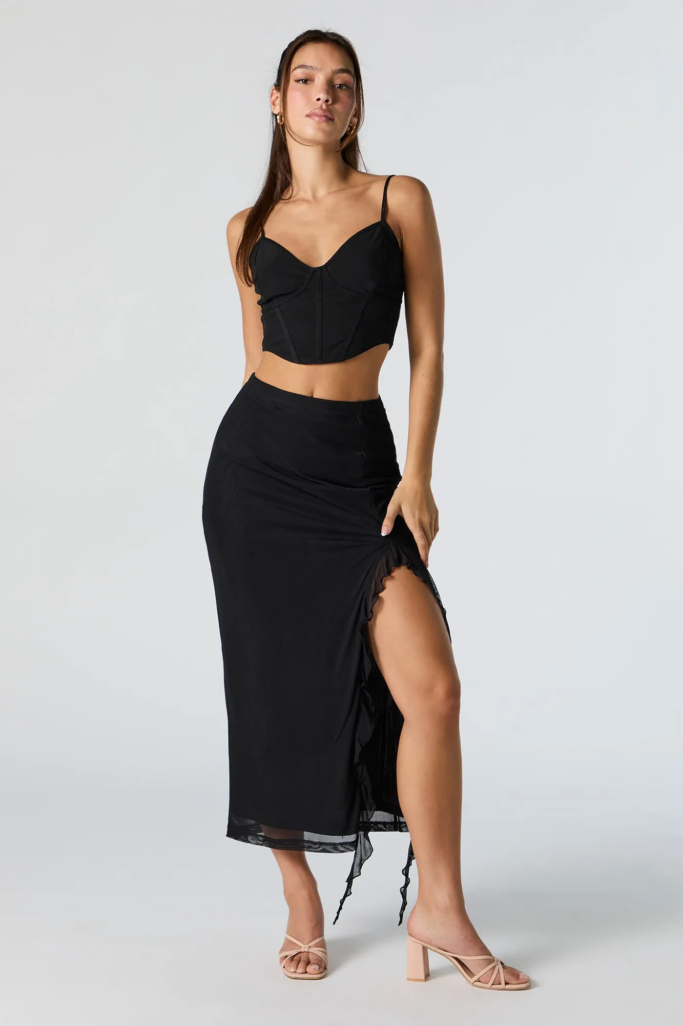 Mesh Ruffle Slit Midi Skirt sold by Charlotte Russe