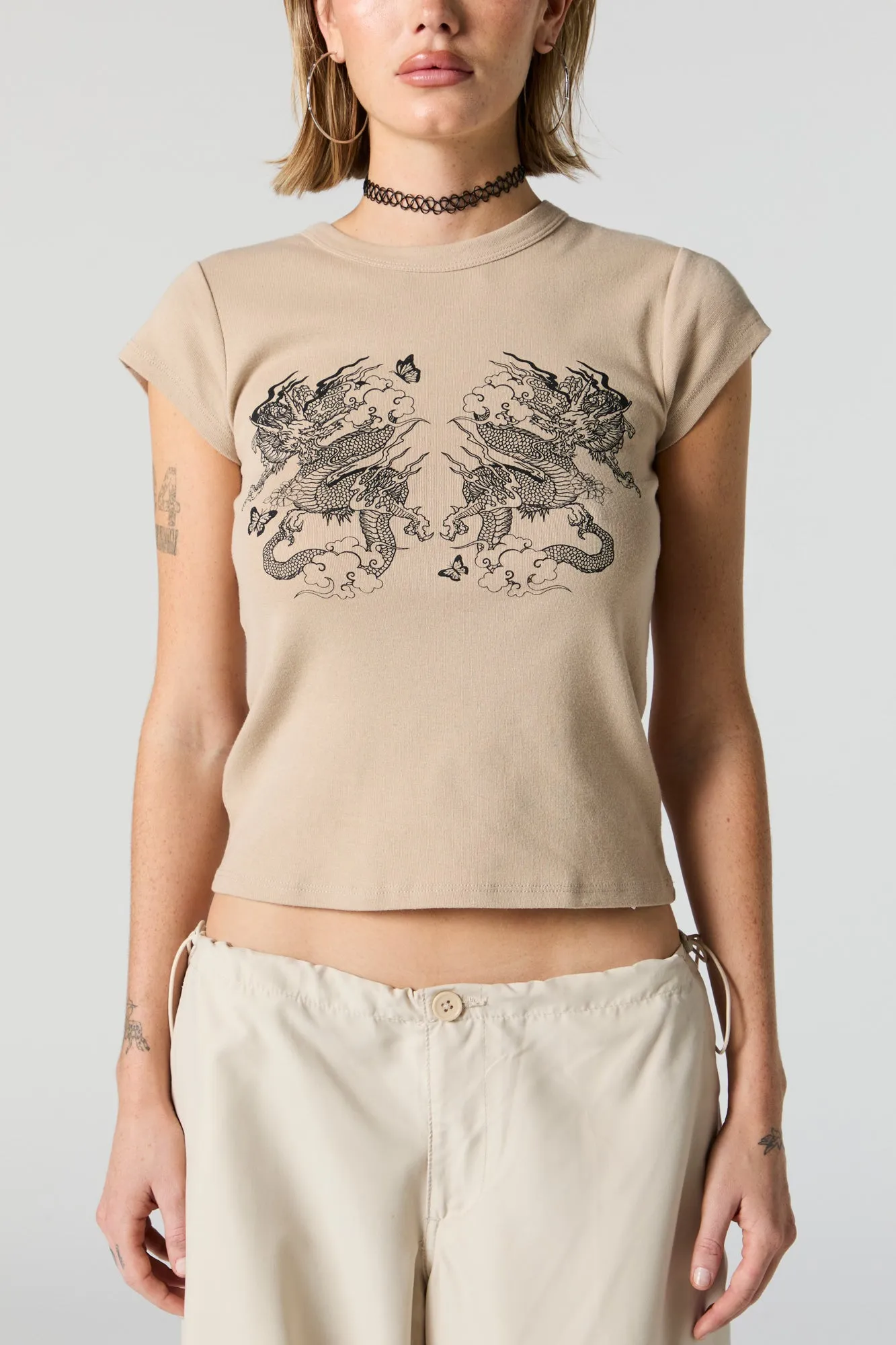 Twin Dragon Graphic Fitted T-Shirt sold by Charlotte Russe