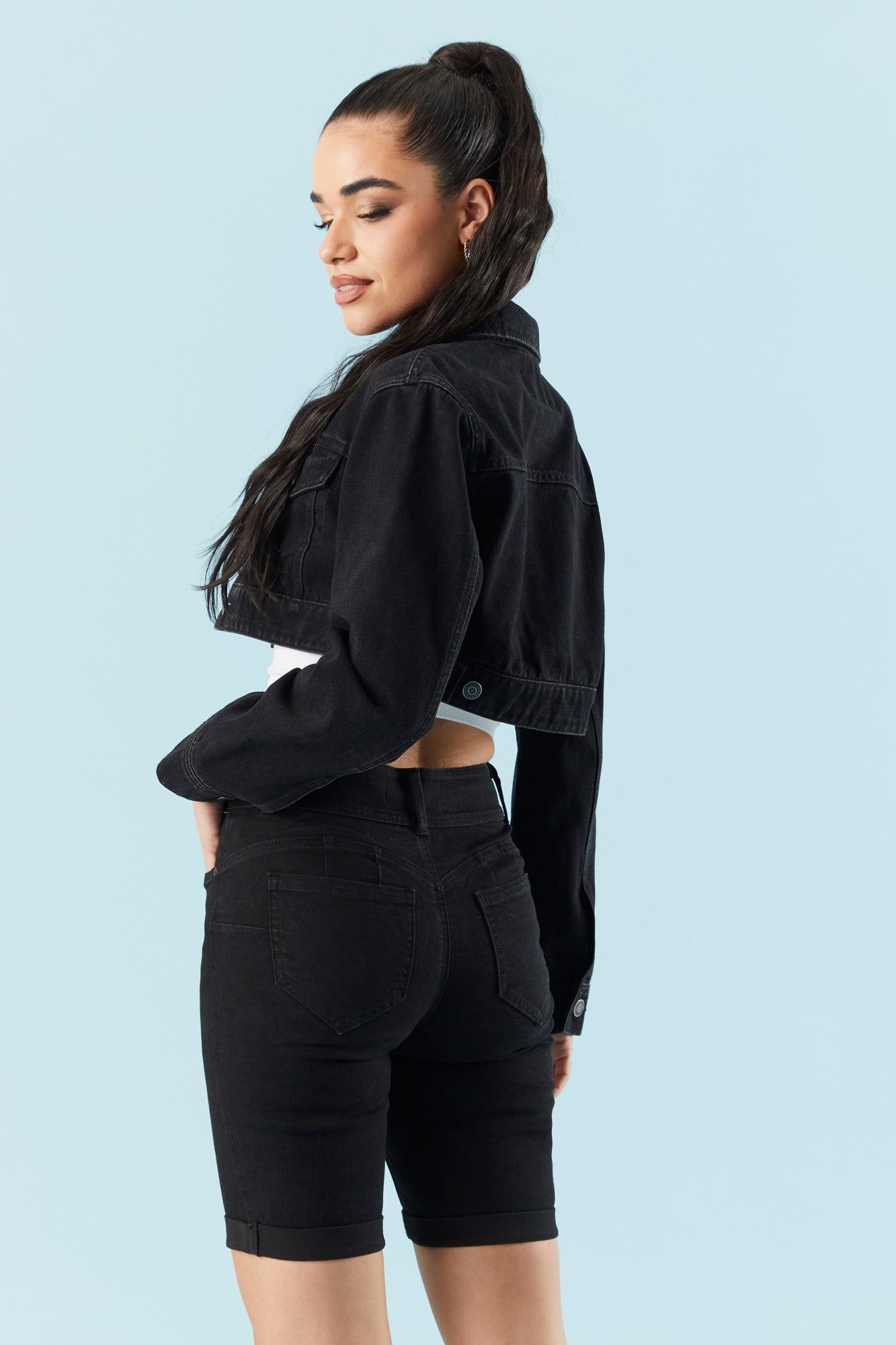 Ultra Cropped Black Wash Denim Jacket sold by Charlotte Russe product image thumbnail 2
