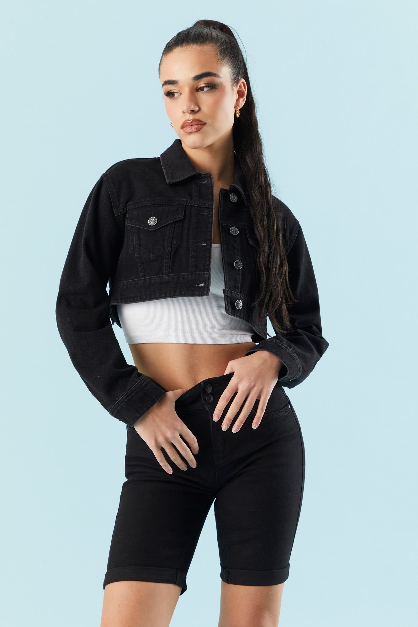 Ultra Cropped Black Wash Denim Jacket sold by Charlotte Russe