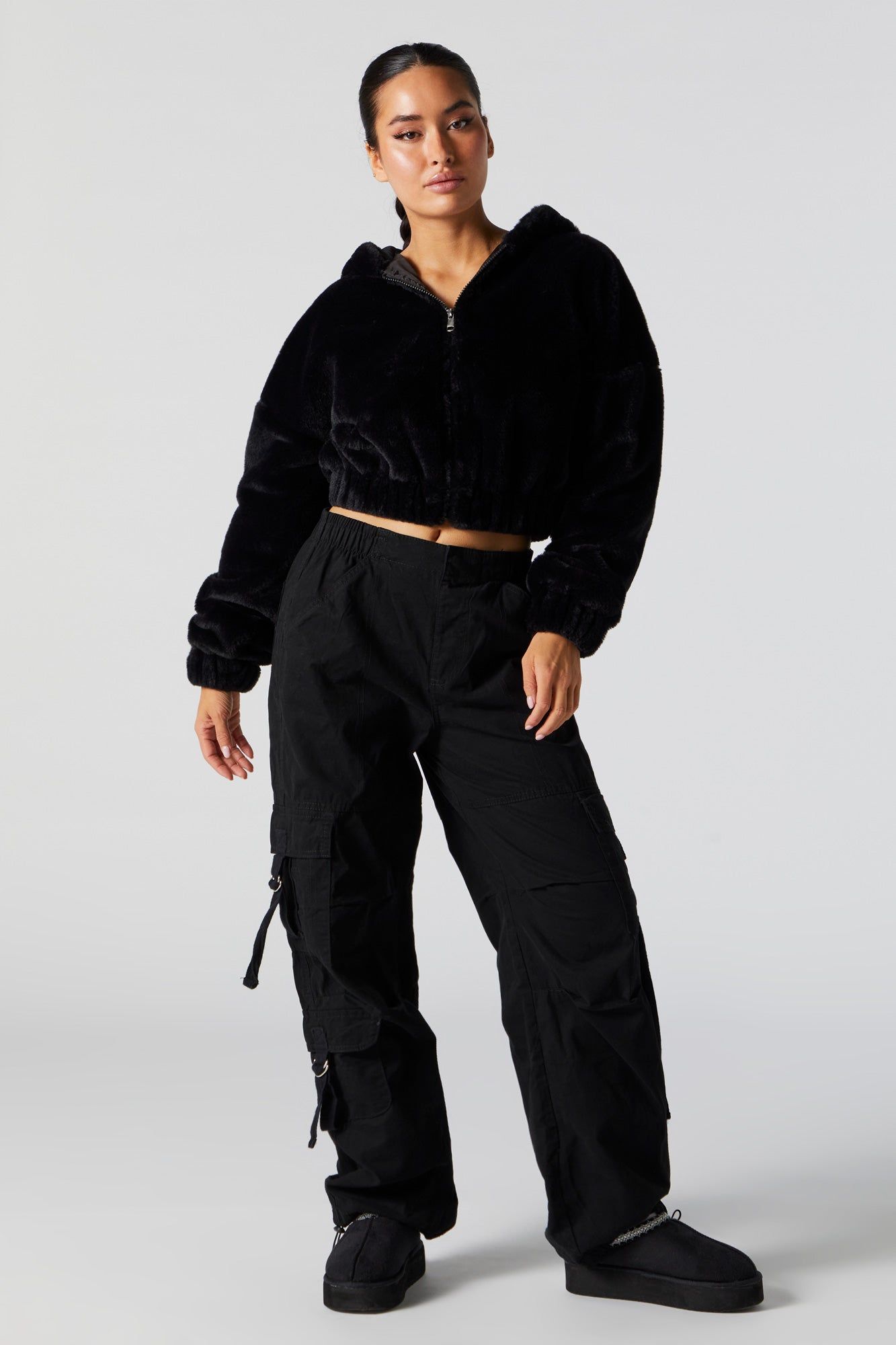 Black Plush Cropped Bomber Jacket sold by Charlotte Russe product image thumbnail 3