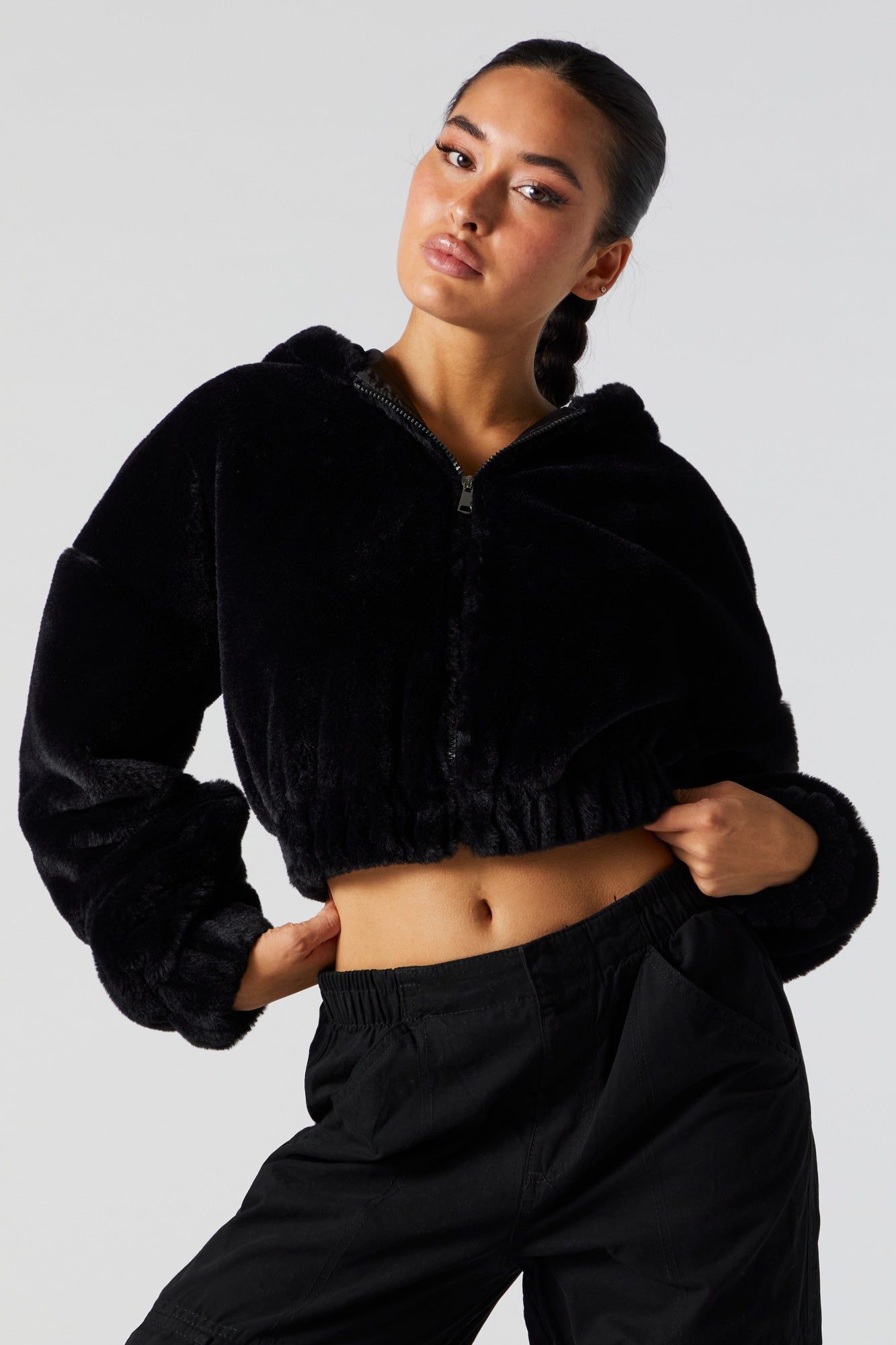 Black Plush Cropped Bomber Jacket sold by Charlotte Russe