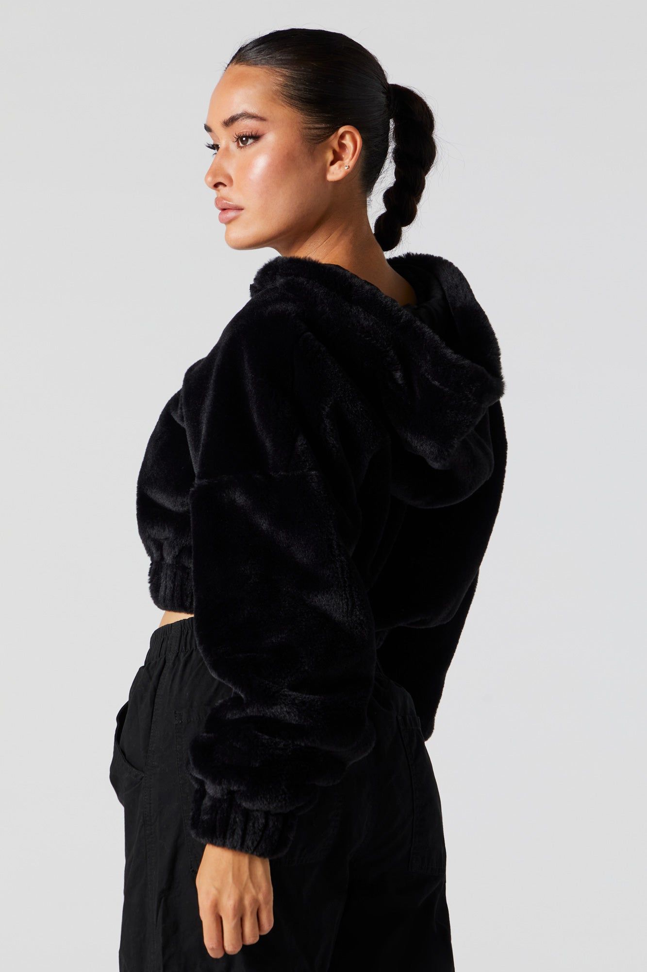 Black Plush Cropped Bomber Jacket sold by Charlotte Russe product image thumbnail 2