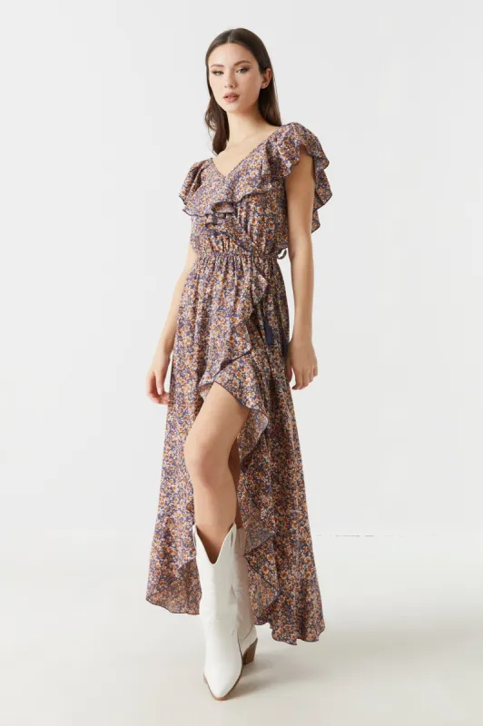 Blue Floral Print Ruffle Neck Hi-Low Maxi Dress sold by Charlotte Russe