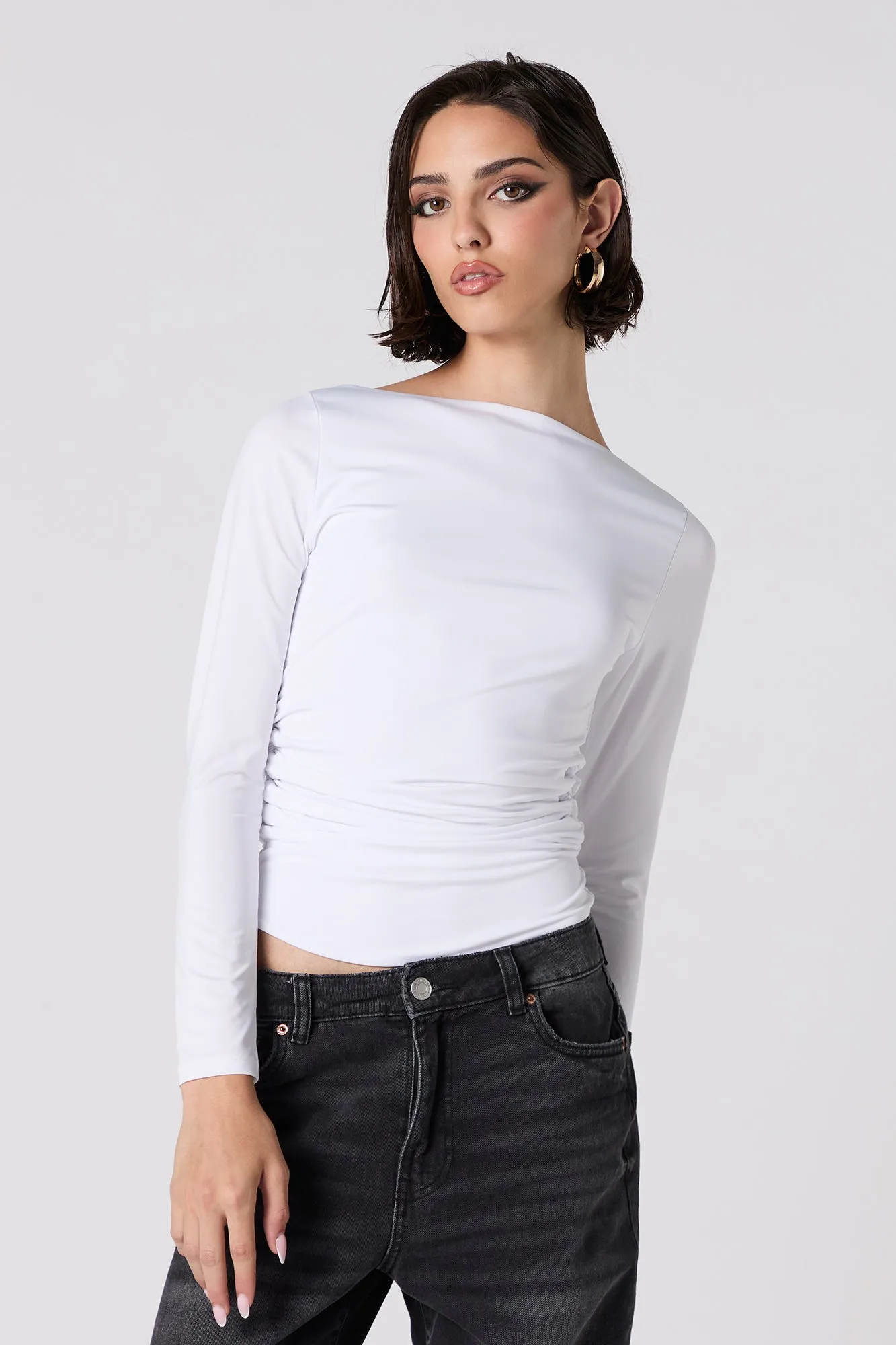 Contour Boat Neck Ruched Long Sleeve Top sold by Charlotte Russe