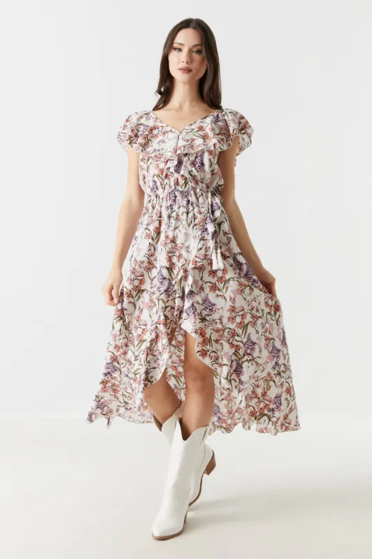 Pink Floral Print Ruffle Neck Hi-Low Maxi Dress sold by Charlotte Russe
