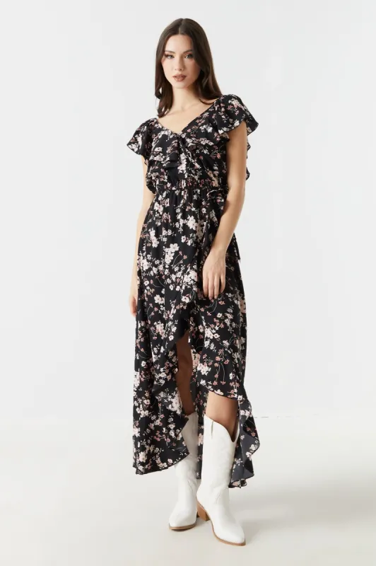 Floral Print Ruffle Neck Hi-Low Maxi Dress sold by Charlotte Russe