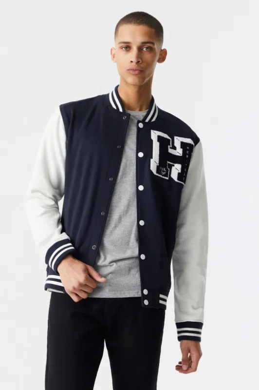 H Graphic Button-Up Varsity Bomber Jacket sold by Charlotte Russe