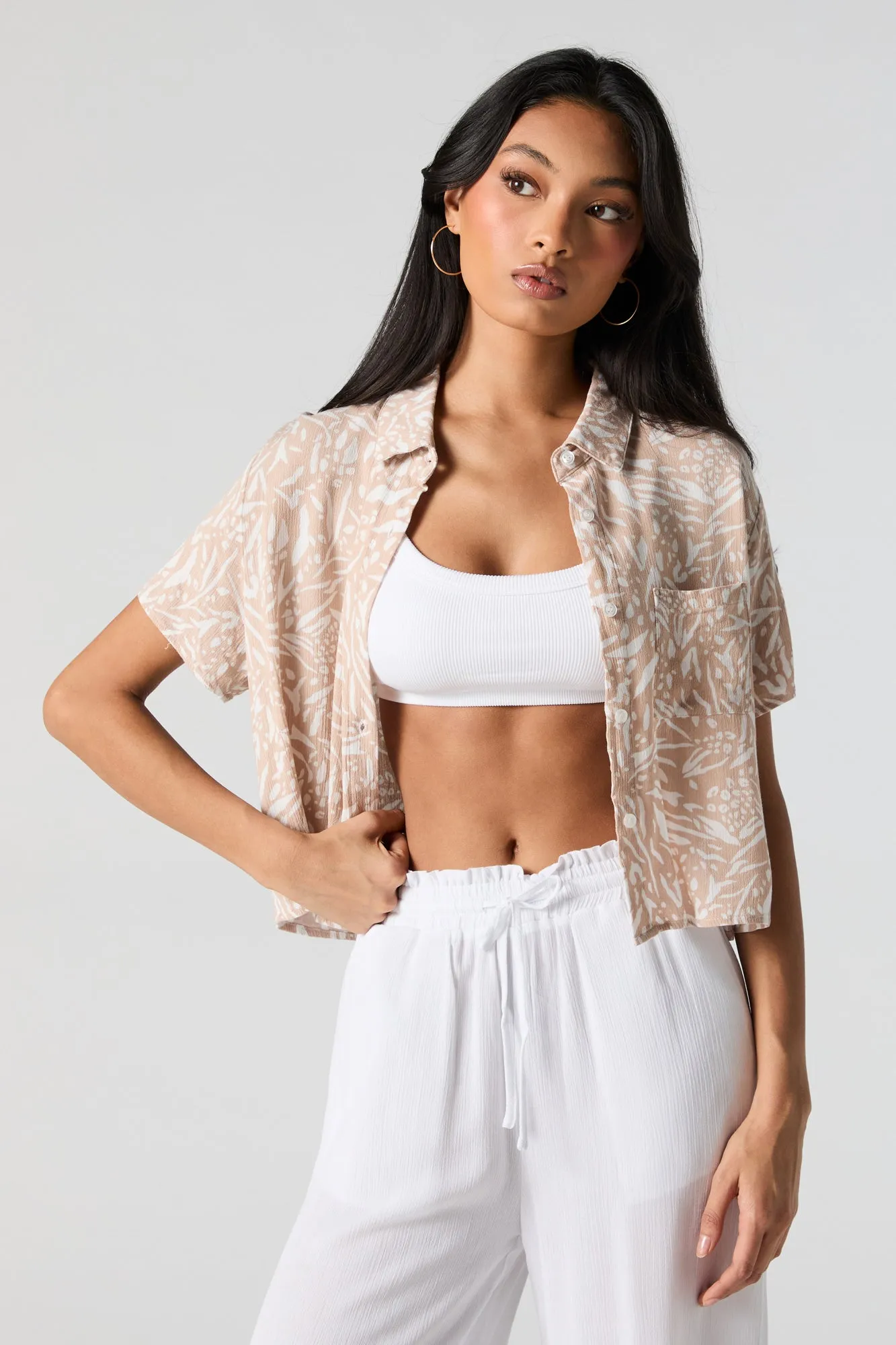 Printed Textured Cropped Button-Up Top sold by Charlotte Russe