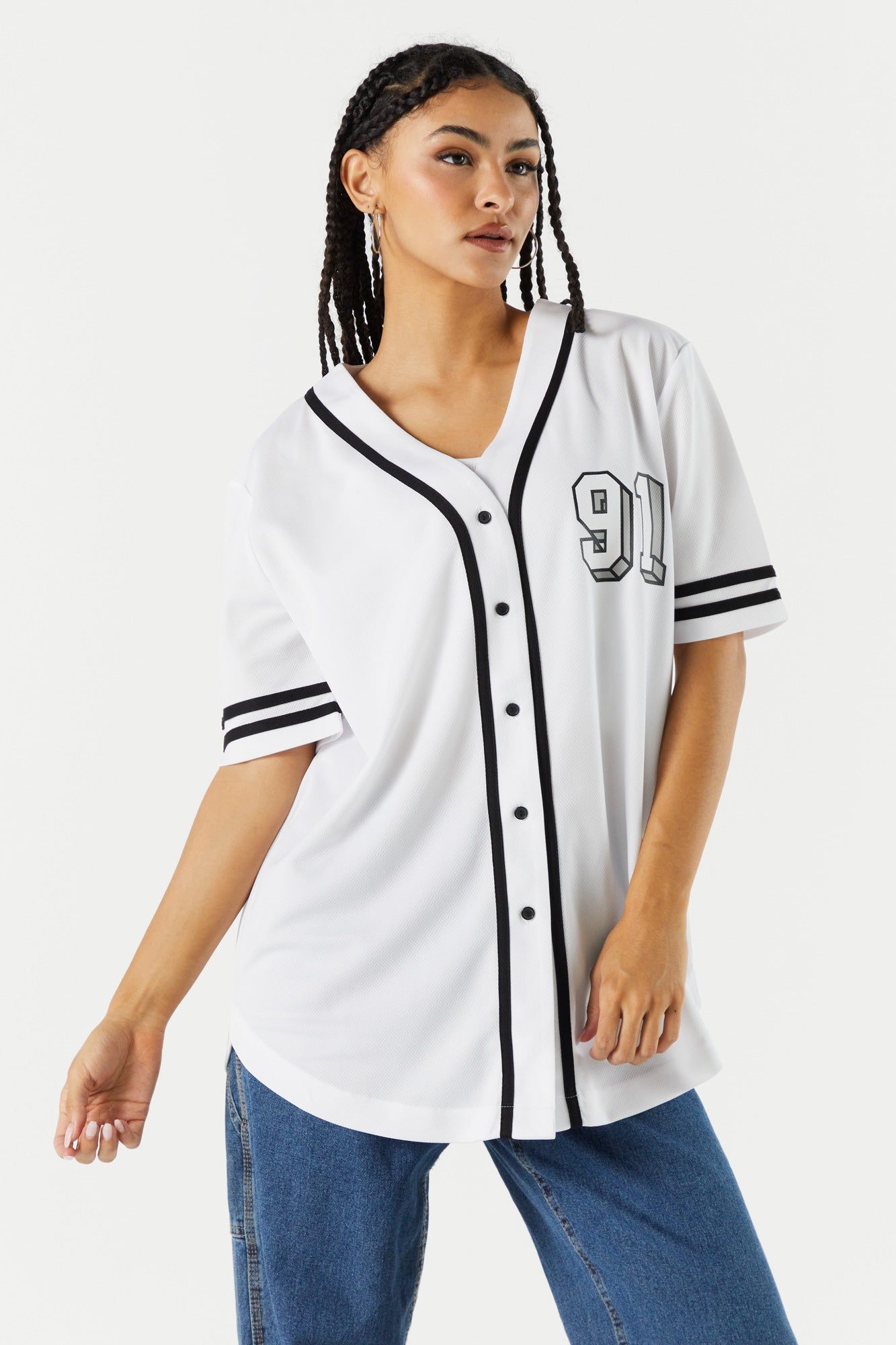 91 Graphic Baseball Jersey sold by Charlotte Russe