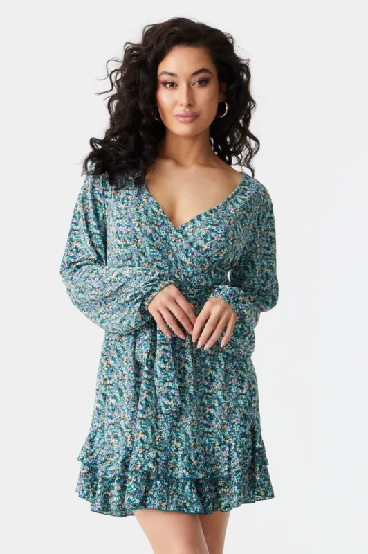 Blue Floral Print Ruffled Hem Self-Tie Wrap Dress sold by Charlotte Russe