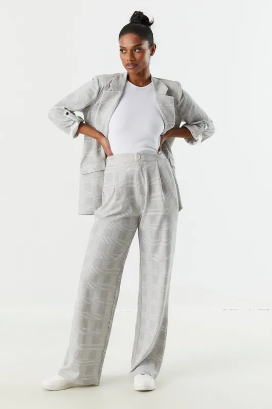 Gray Plaid Crepe Knit Wide Leg Pant sold by Charlotte Russe