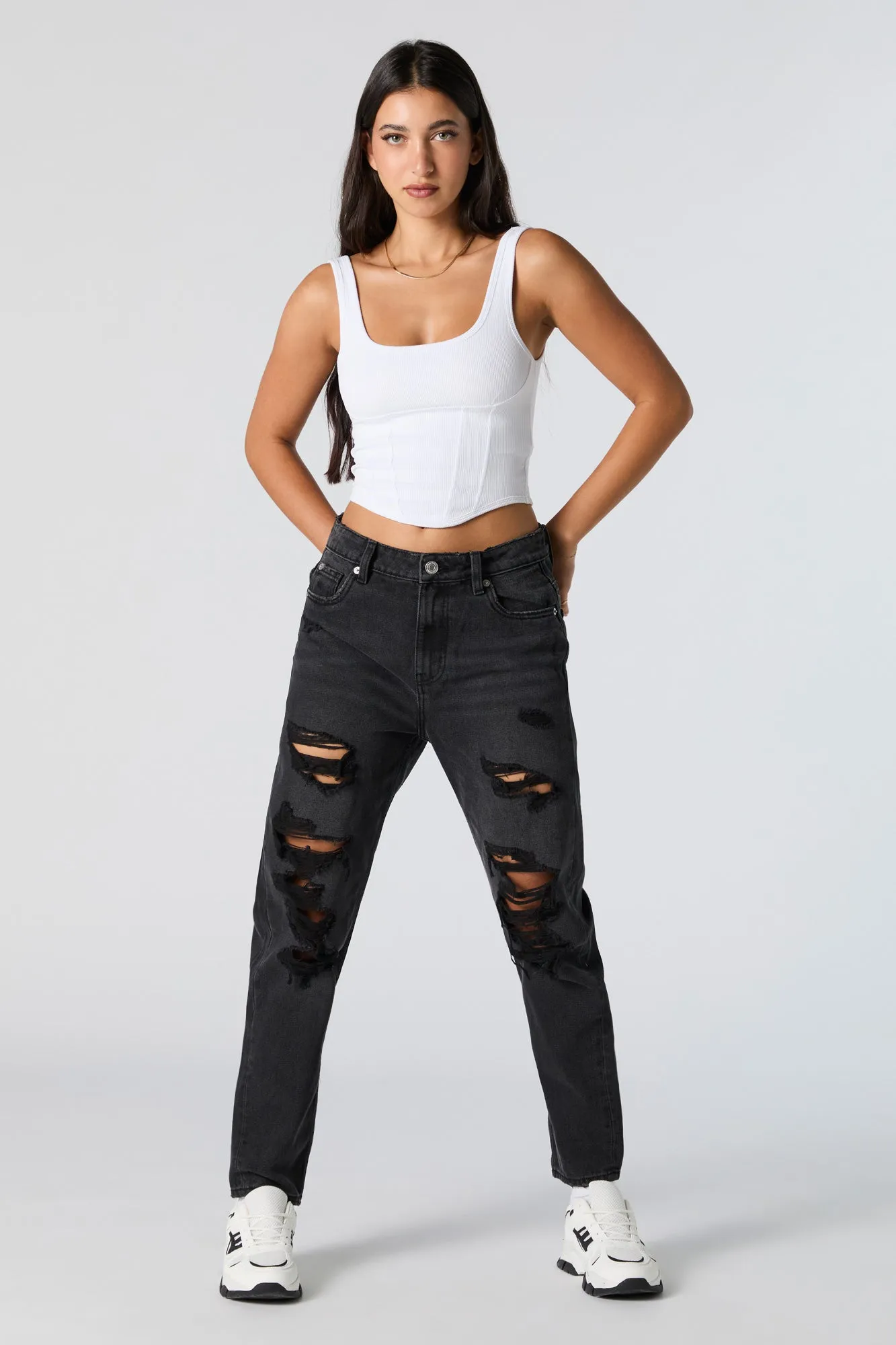 Distressed High Rise Black Wash Mom Jean sold by Charlotte Russe
