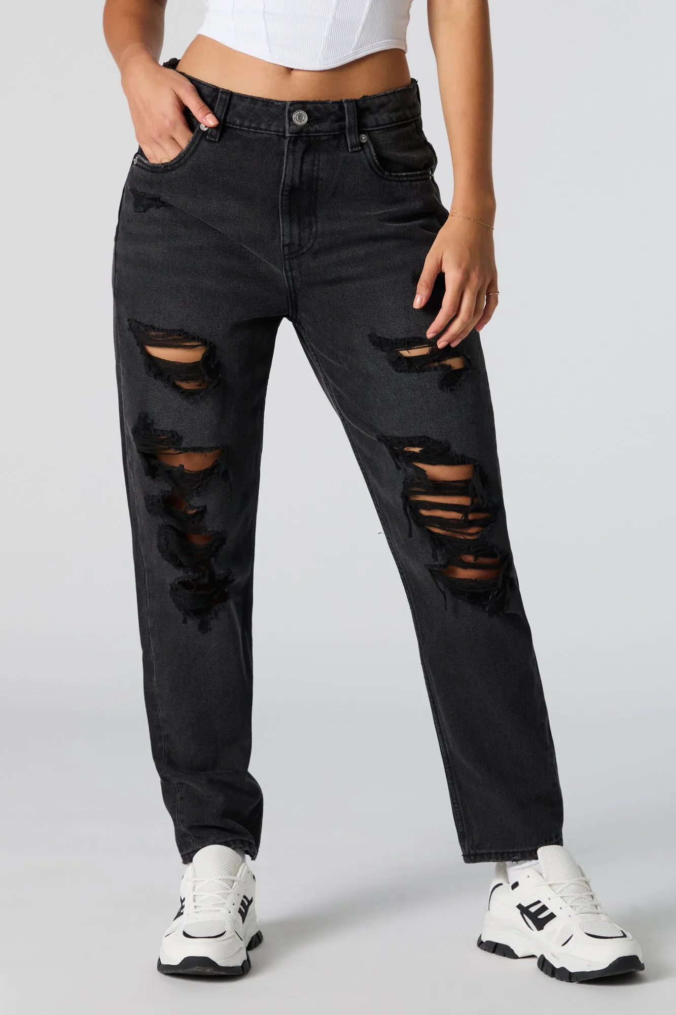 Distressed High Rise Black Wash Mom Jean sold by Charlotte Russe product image thumbnail 2