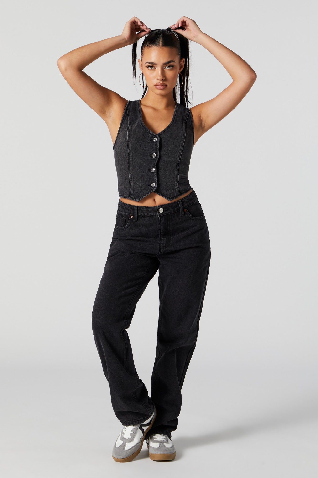 Black Wash Denim Button-Up Vest sold by Charlotte Russe product image thumbnail 3
