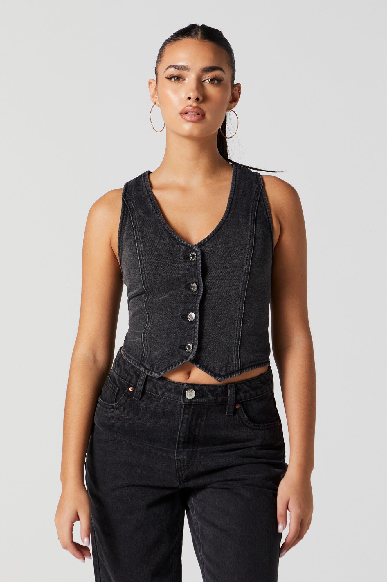 Black Wash Denim Button-Up Vest sold by Charlotte Russe