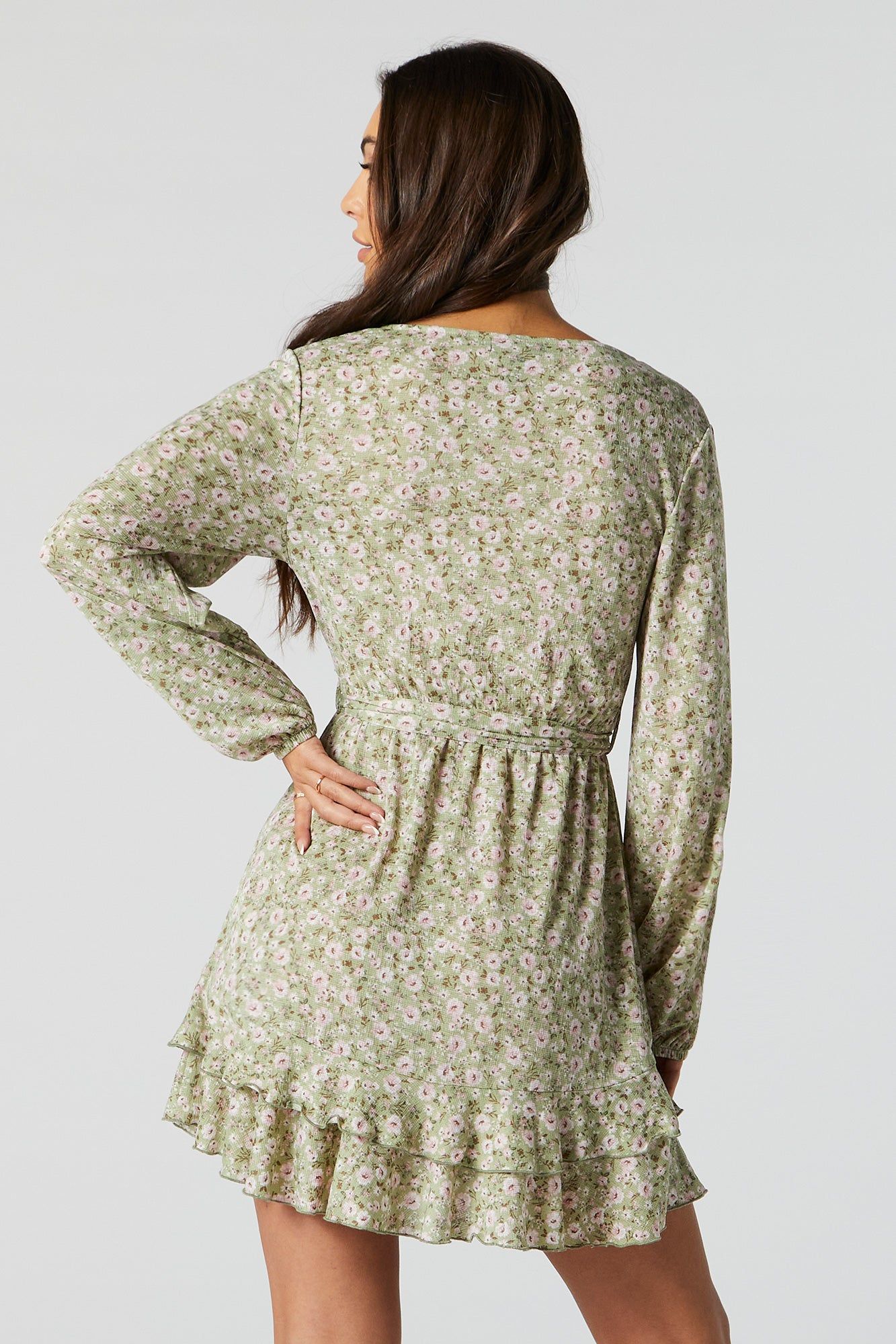 Green Floral Surplice Front Tie Mini Dress sold by Charlotte Russe product image thumbnail 2