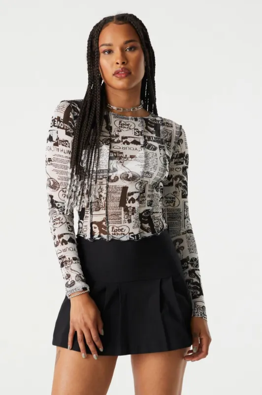 Newspaper Print Mesh Skimmer Top sold by Charlotte Russe