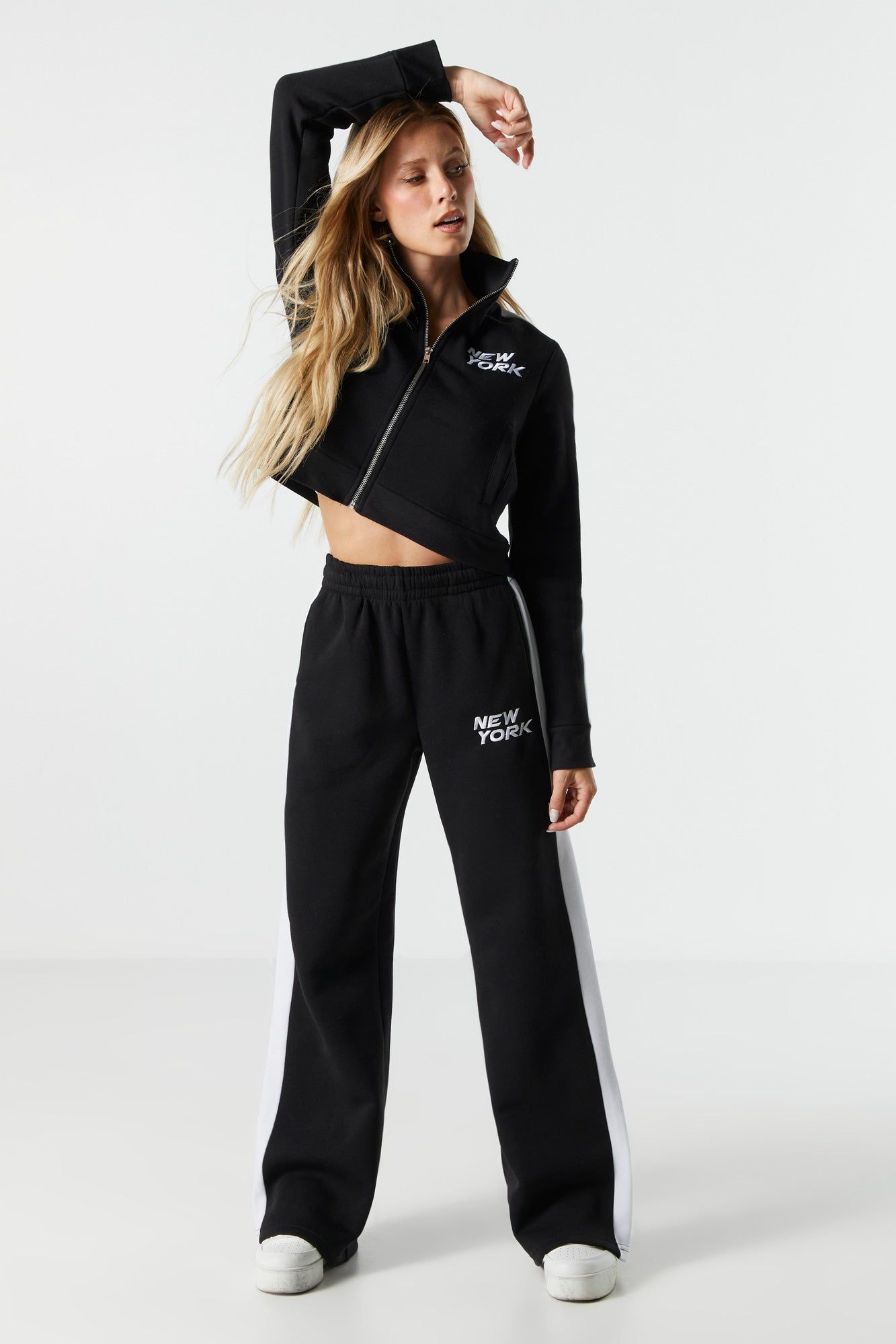 NY Embroidered Fleece Wide Leg Track Pant sold by Charlotte Russe