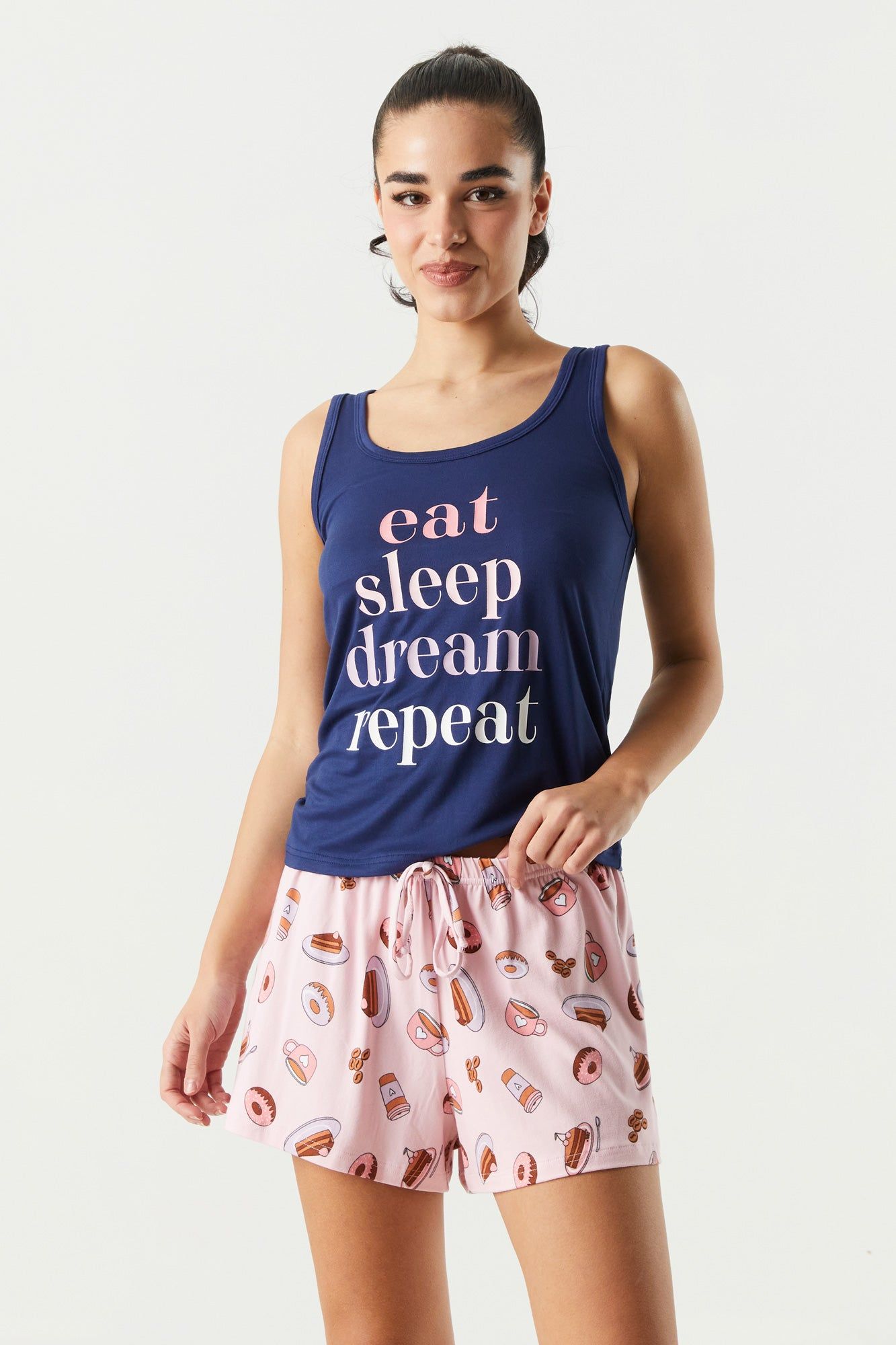 Eat Sleep Dream Repeat Graphic Tank and Short 2-Piece Pajama Set sold by Charlotte Russe