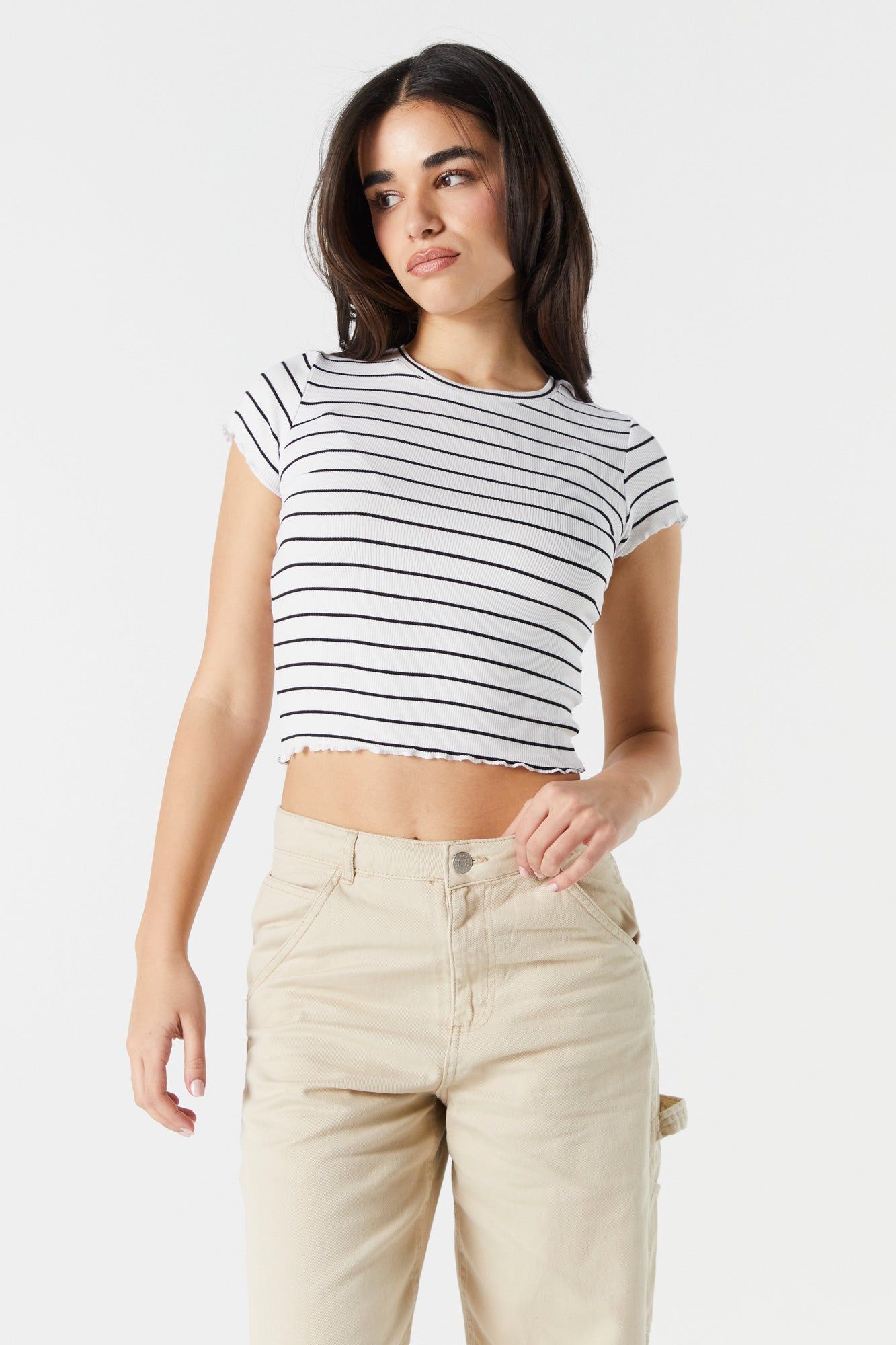 Striped Ribbed Lettuce Trim T-Shirt sold by Charlotte Russe
