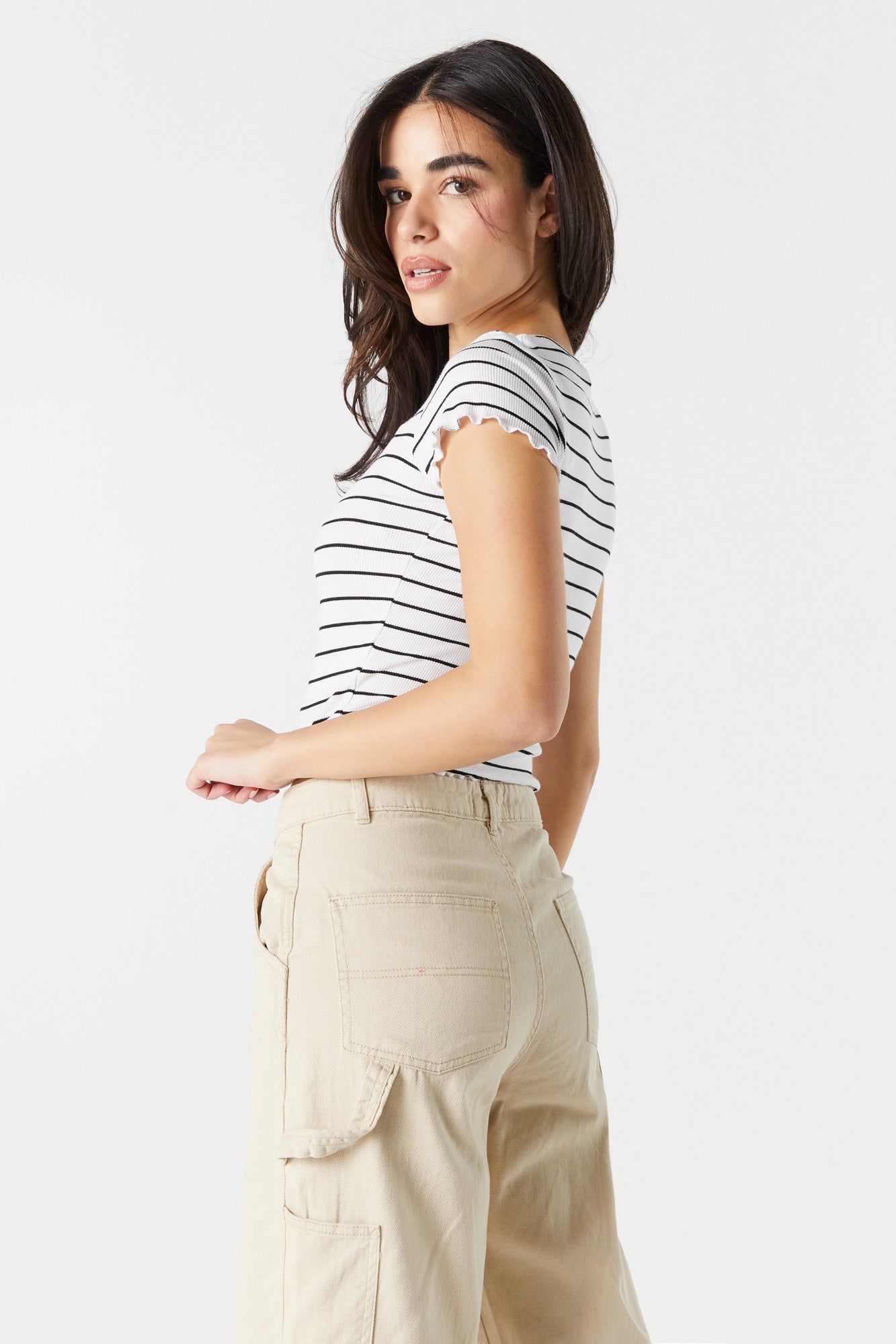 Striped Ribbed Lettuce Trim T-Shirt sold by Charlotte Russe product image thumbnail 2