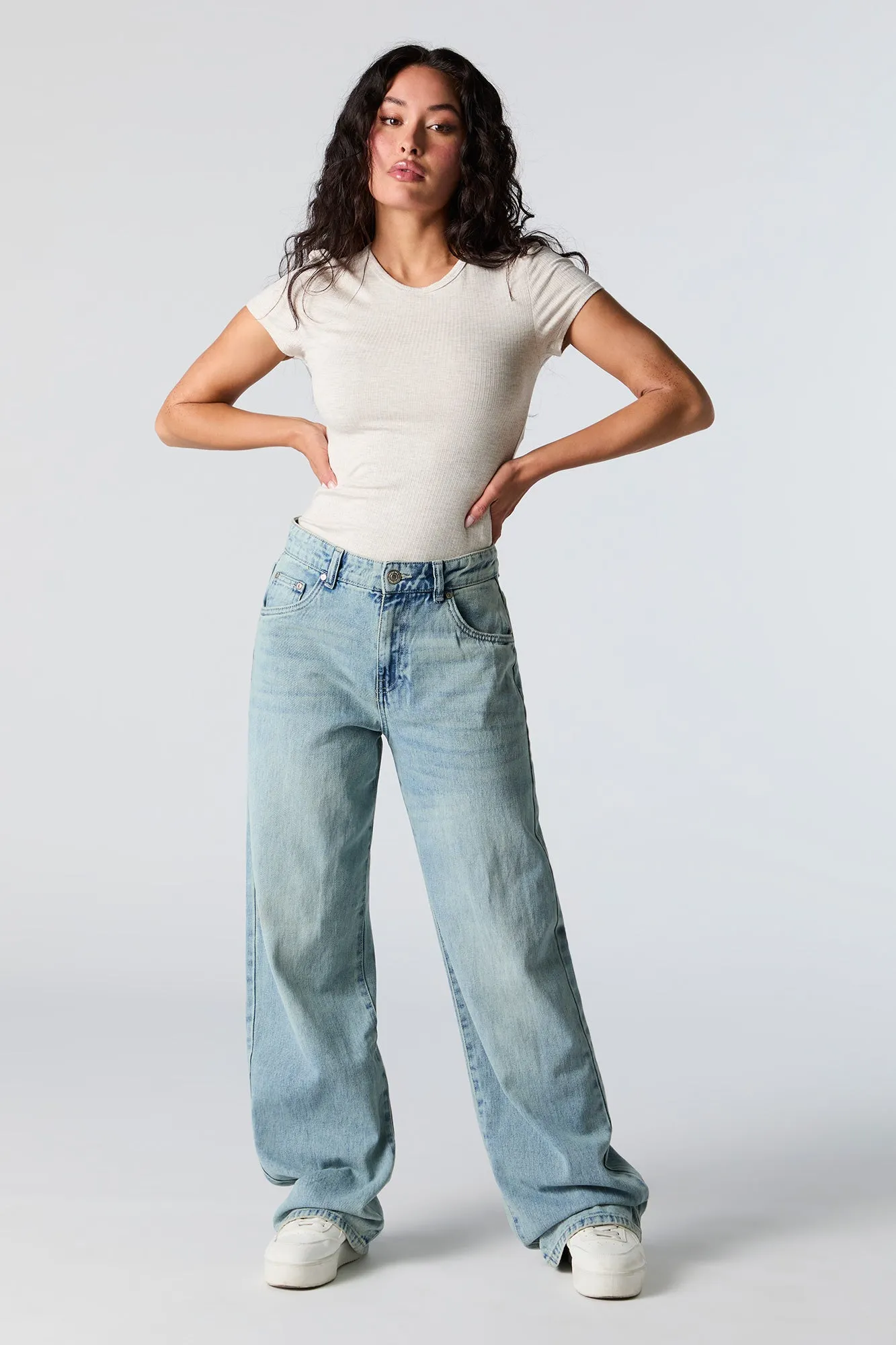 Light Vintage Wash High Rise Wide Leg Jean sold by Charlotte Russe
