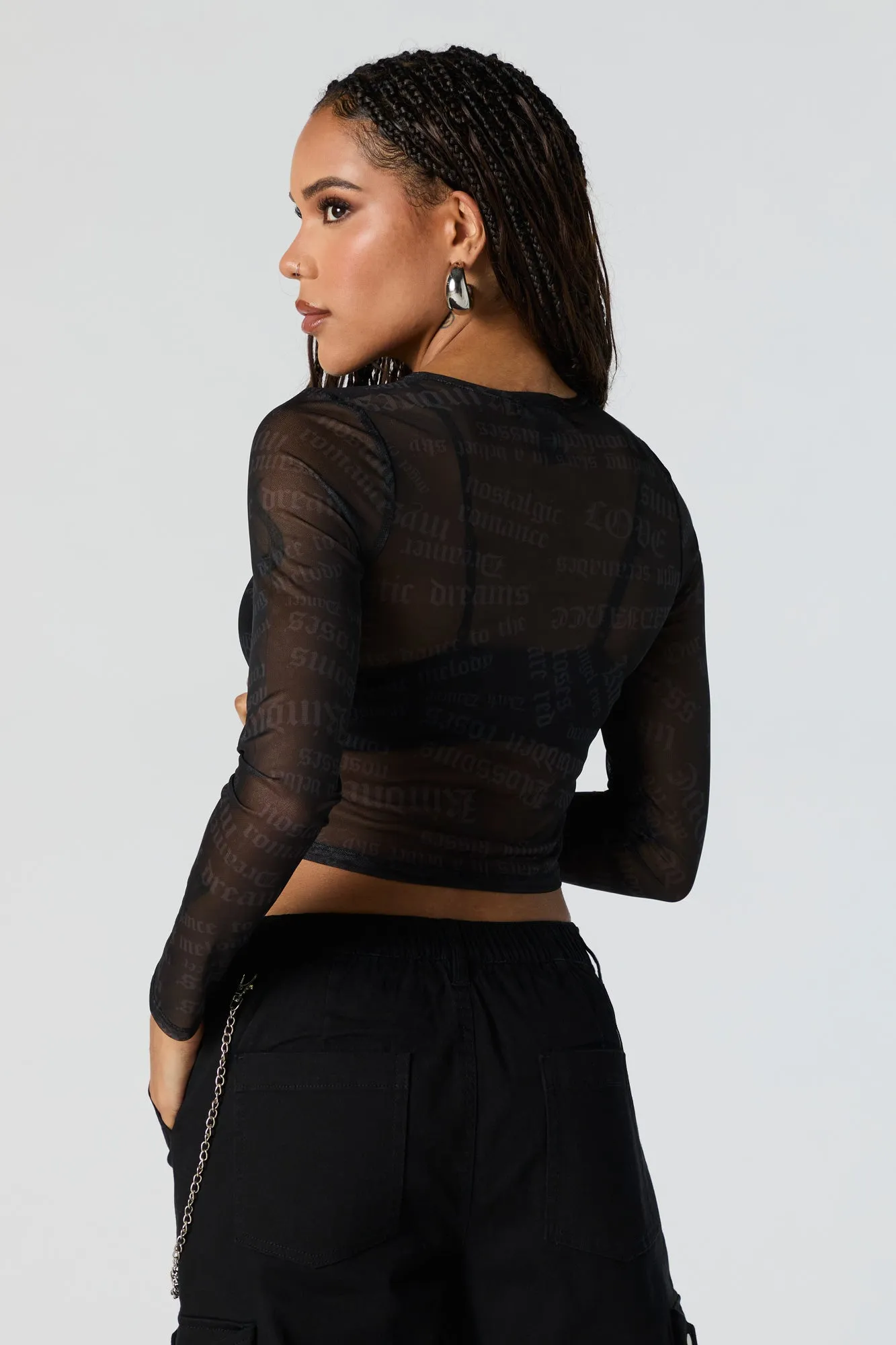 Script Print Mesh Long Sleeve Crop Top sold by Charlotte Russe product image thumbnail 2