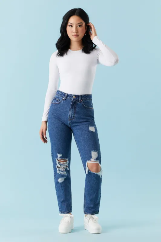 Refuge Ultra-High-Rise Dark Wash Distressed Mom Jean sold by Charlotte Russe