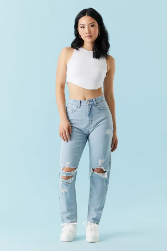 Refuge Ultra-High-Rise Light Wash Distressed Mom Jean sold by Charlotte Russe