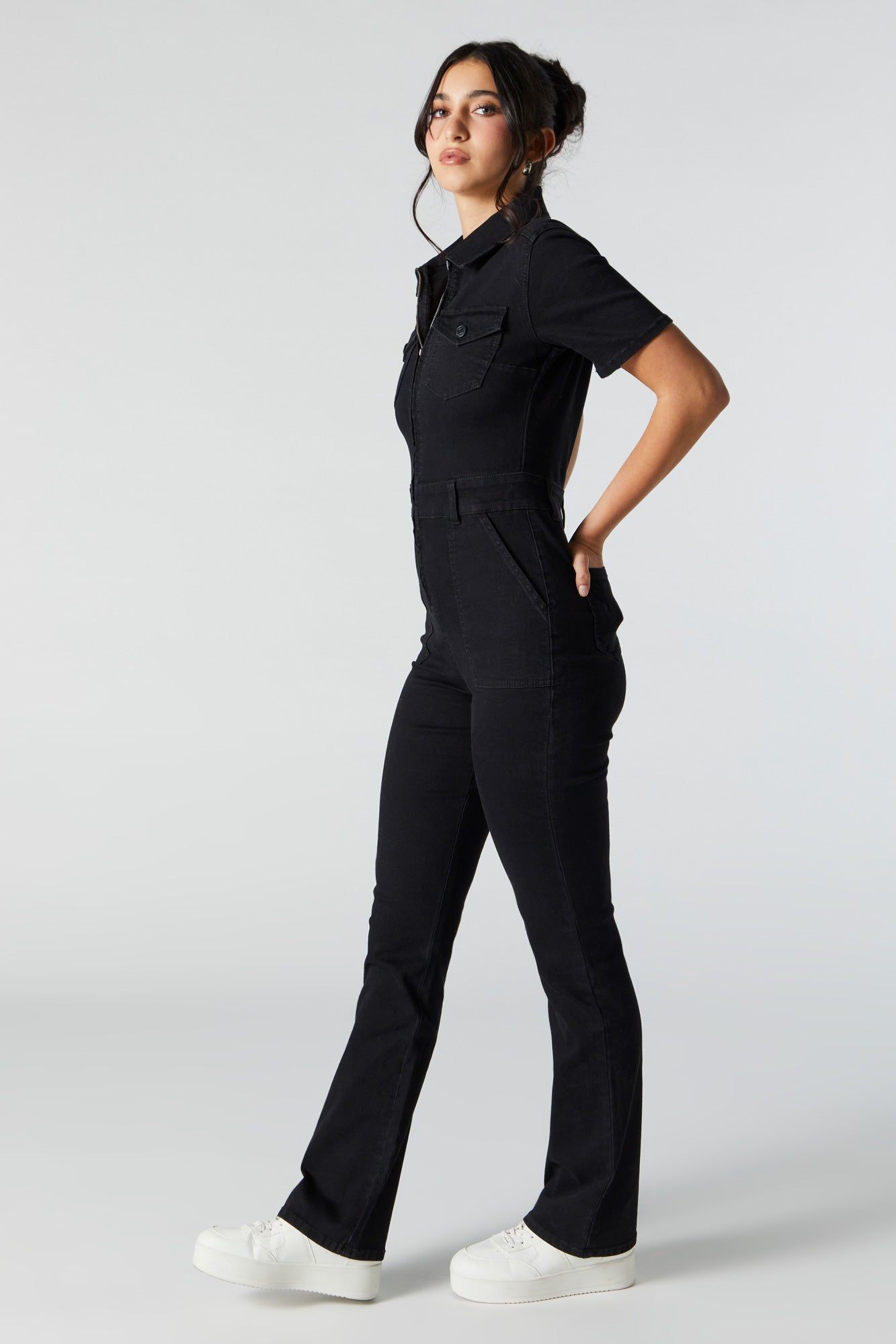Black Wash Denim Zip-Up Jumpsuit sold by Charlotte Russe product image thumbnail 3