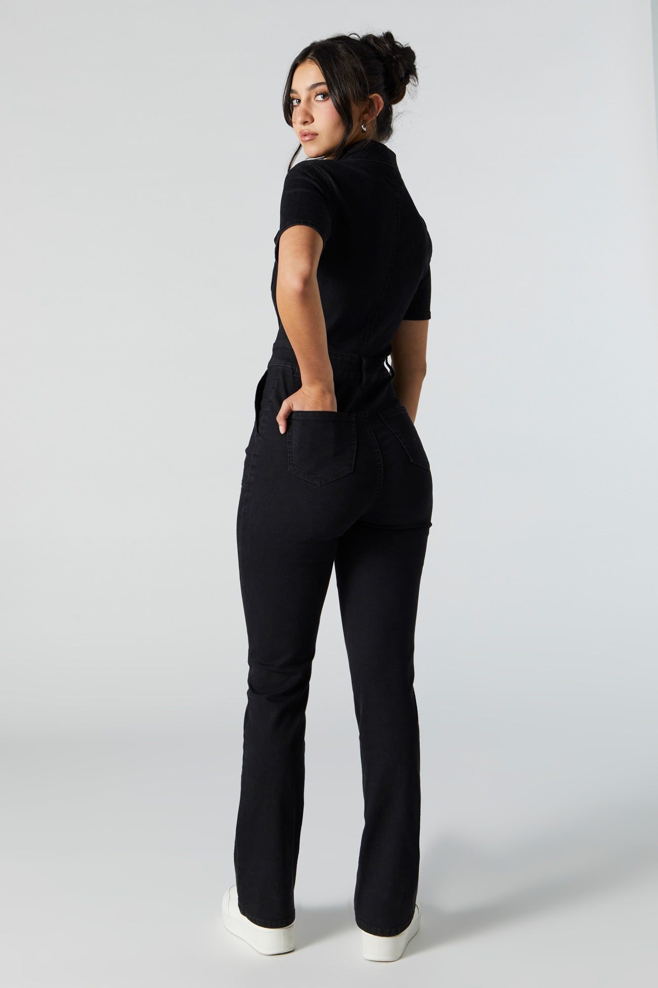 Black Wash Denim Zip-Up Jumpsuit sold by Charlotte Russe product image thumbnail 2