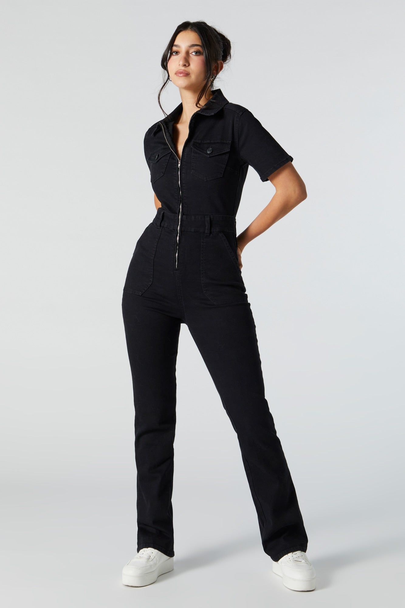 Black Wash Denim Zip-Up Jumpsuit sold by Charlotte Russe