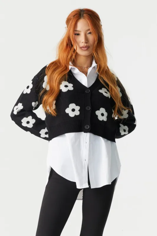 Daisy Print Knit Crop Cardigan sold by Charlotte Russe