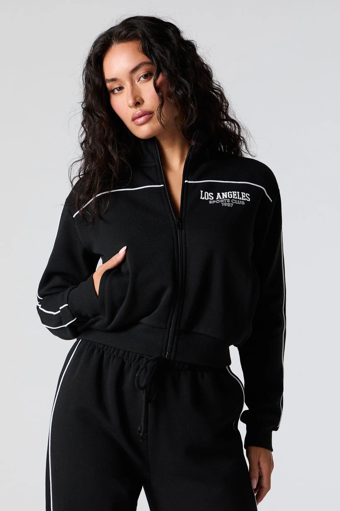 Graphic Fleece Zip-Up Cropped Sweatshirt sold by Charlotte Russe product image thumbnail 5