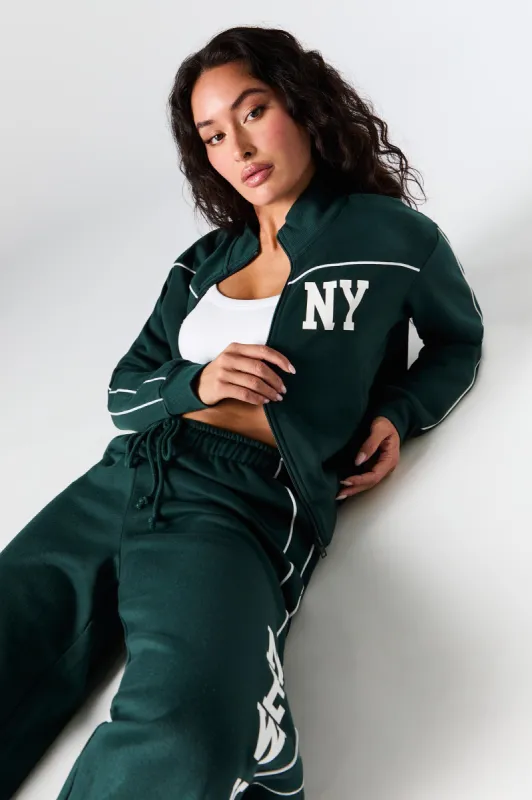 Graphic Fleece Zip-Up Cropped Sweatshirt sold by Charlotte Russe