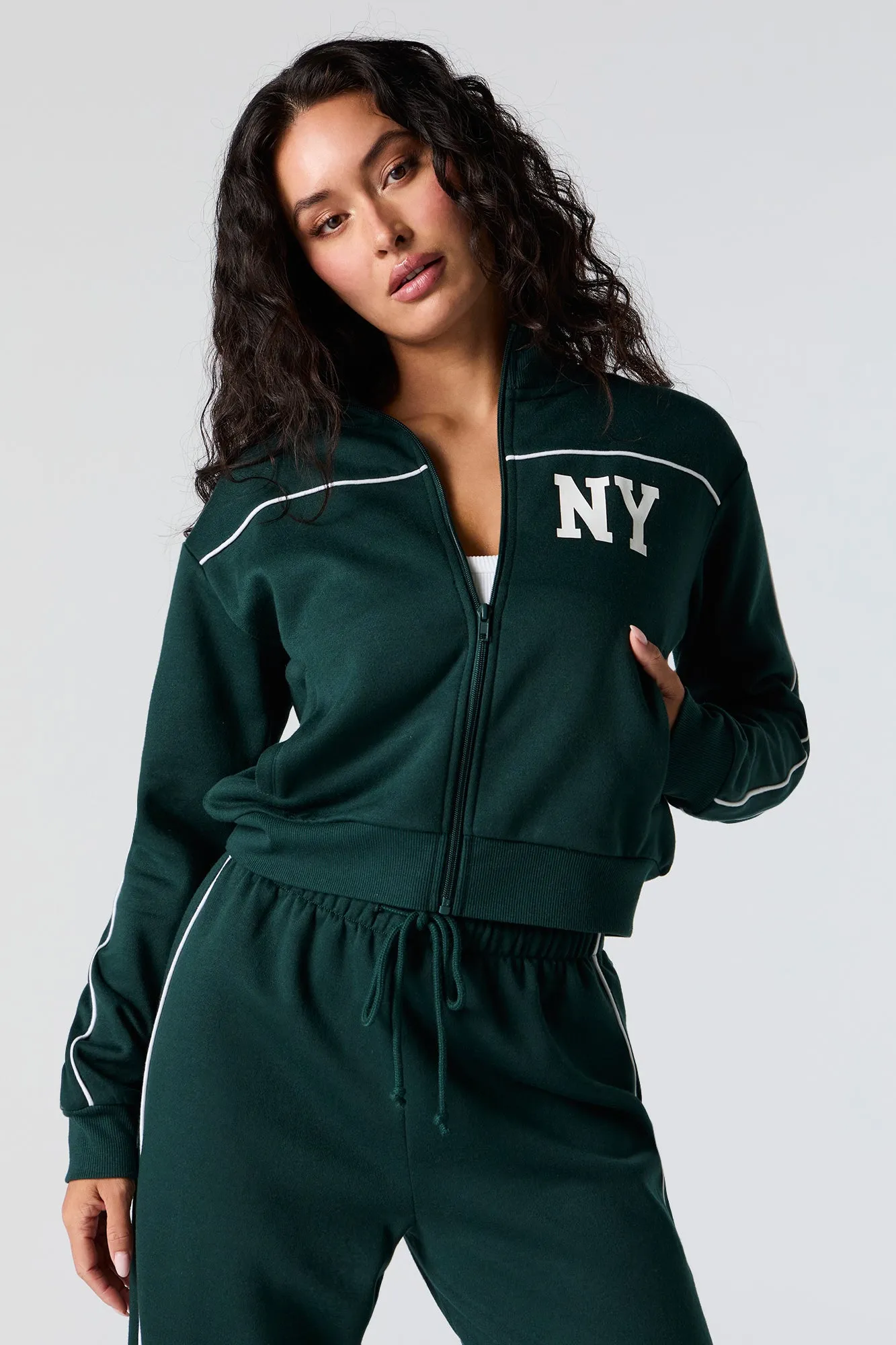 Graphic Fleece Zip-Up Cropped Sweatshirt sold by Charlotte Russe product image thumbnail 4