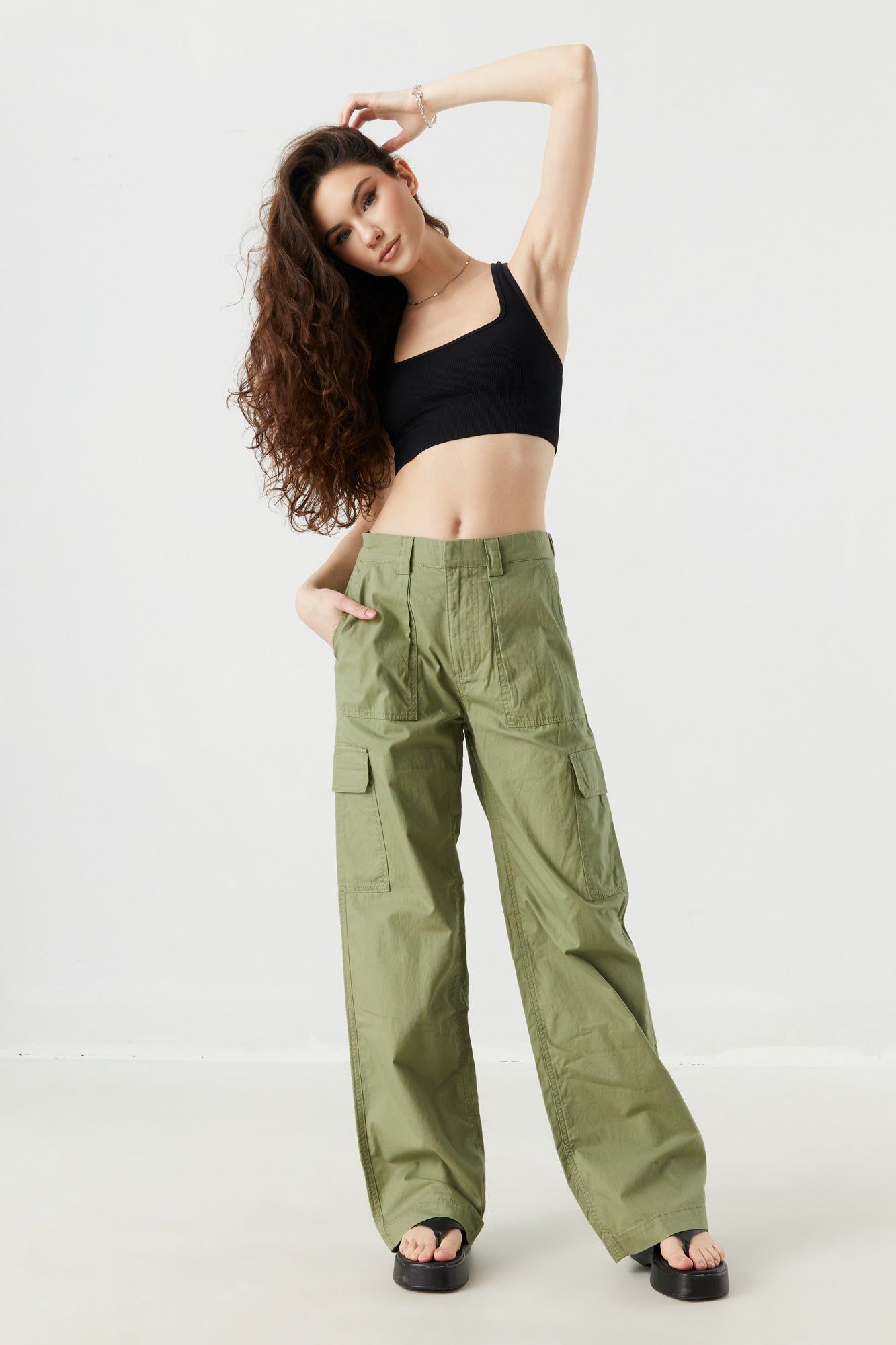Green Poplin Wide Leg Cargo Pant sold by Charlotte Russe