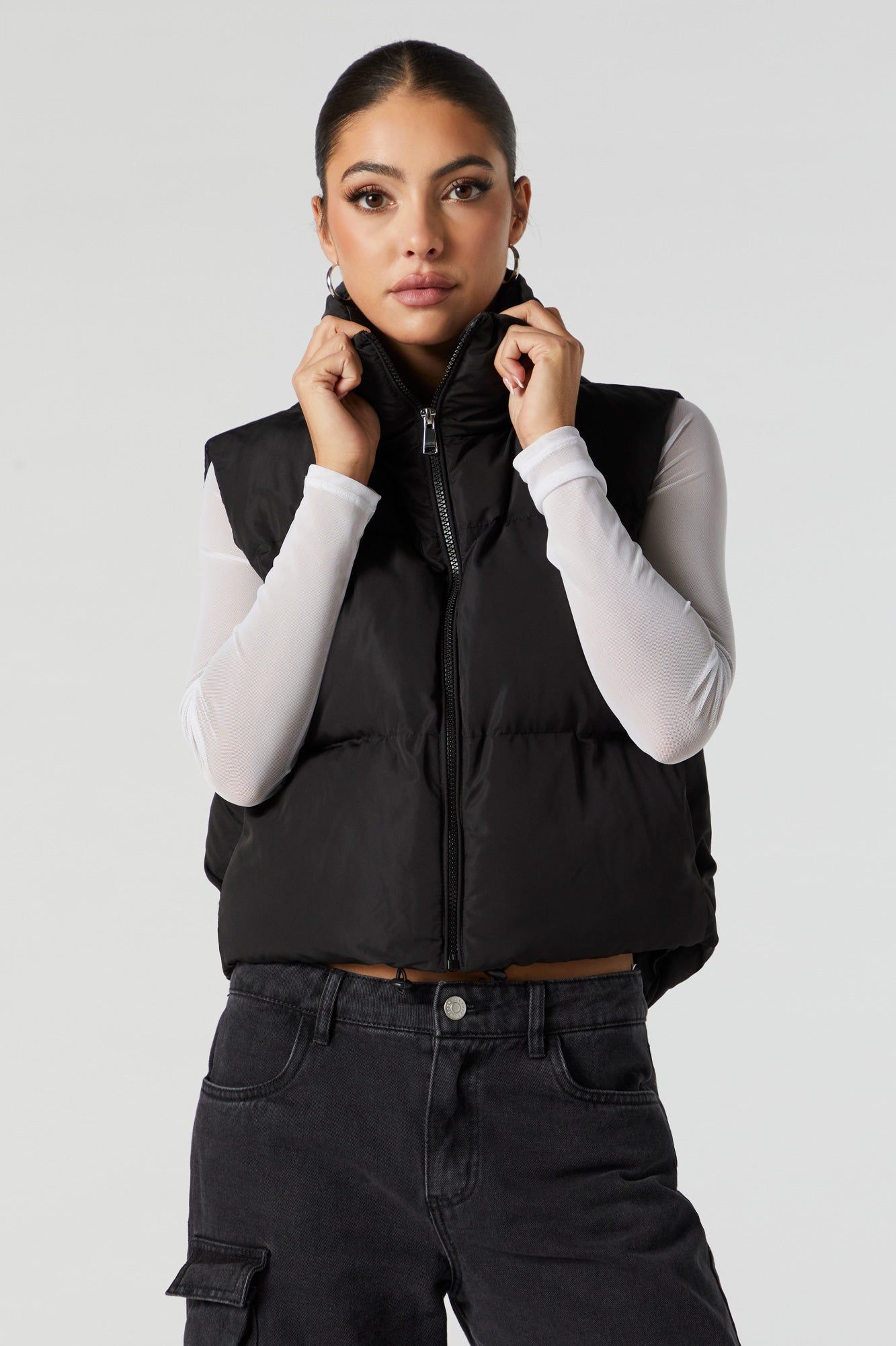 Balck Zip-Up Cropped Puffer Vest sold by Charlotte Russe
