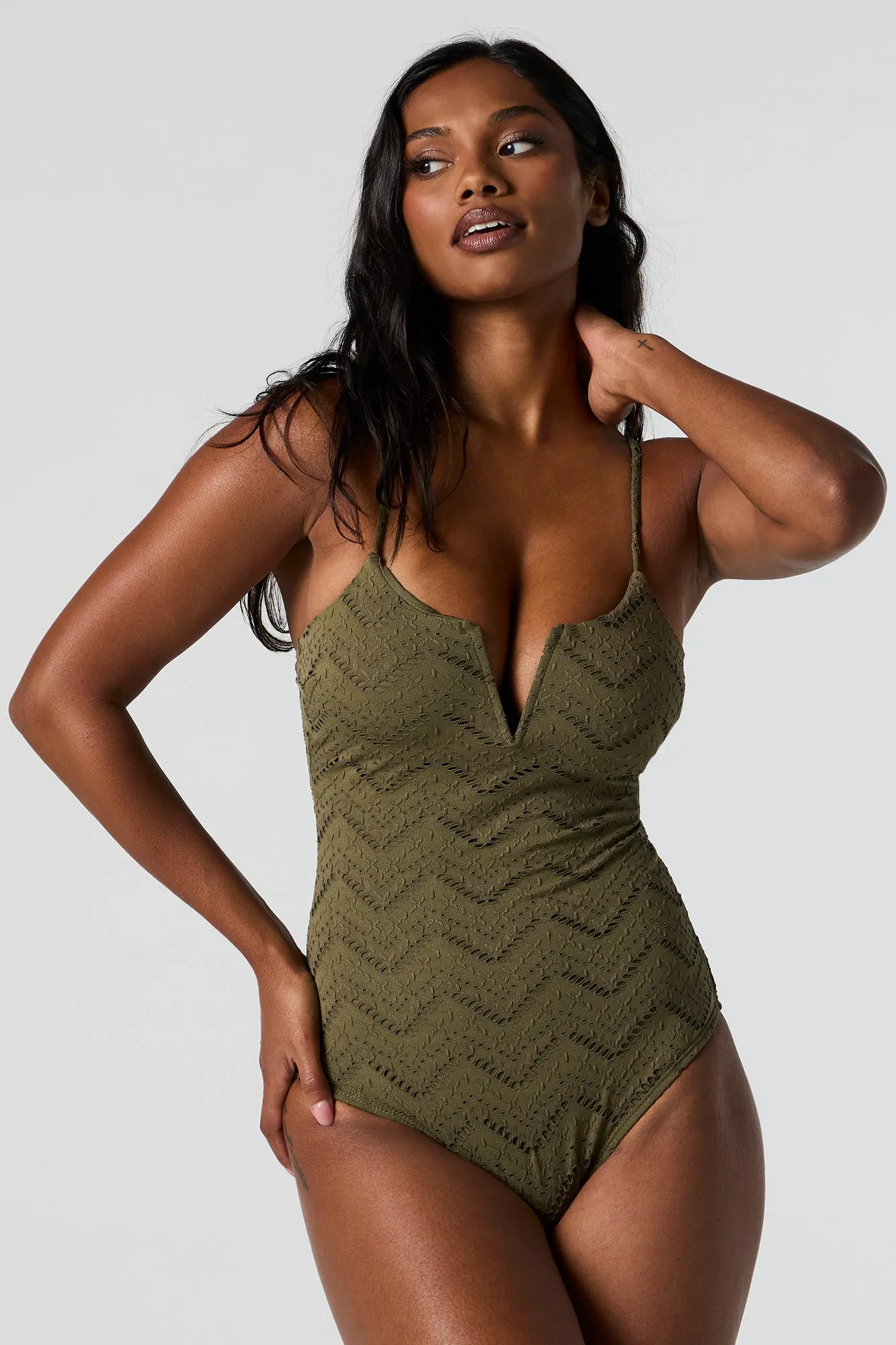 Green Crochet V-Notch One Piece Swimsuit sold by Charlotte Russe
