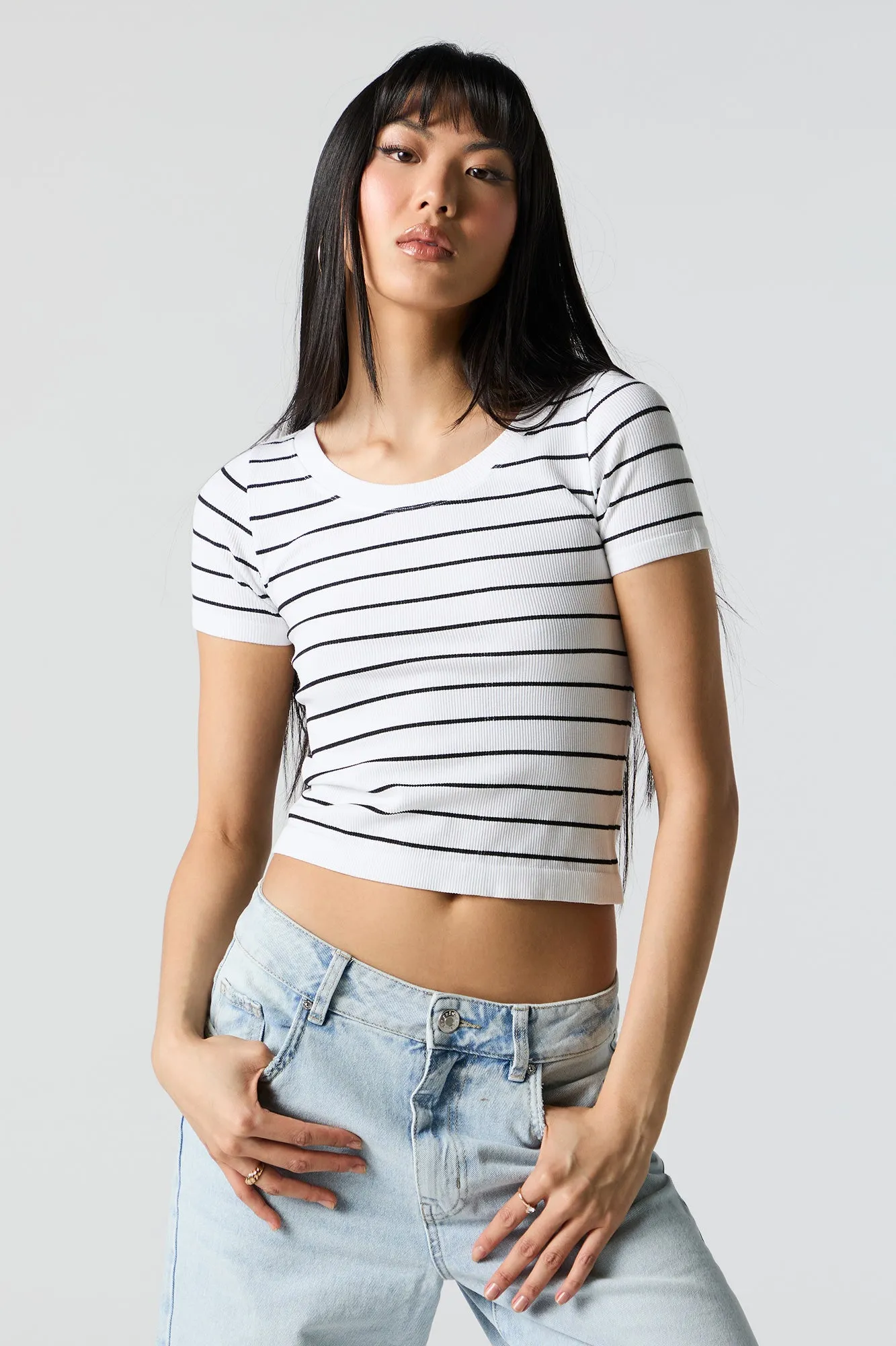 Striped Seamless Ribbed Scoop Neck T-Shirt sold by Charlotte Russe