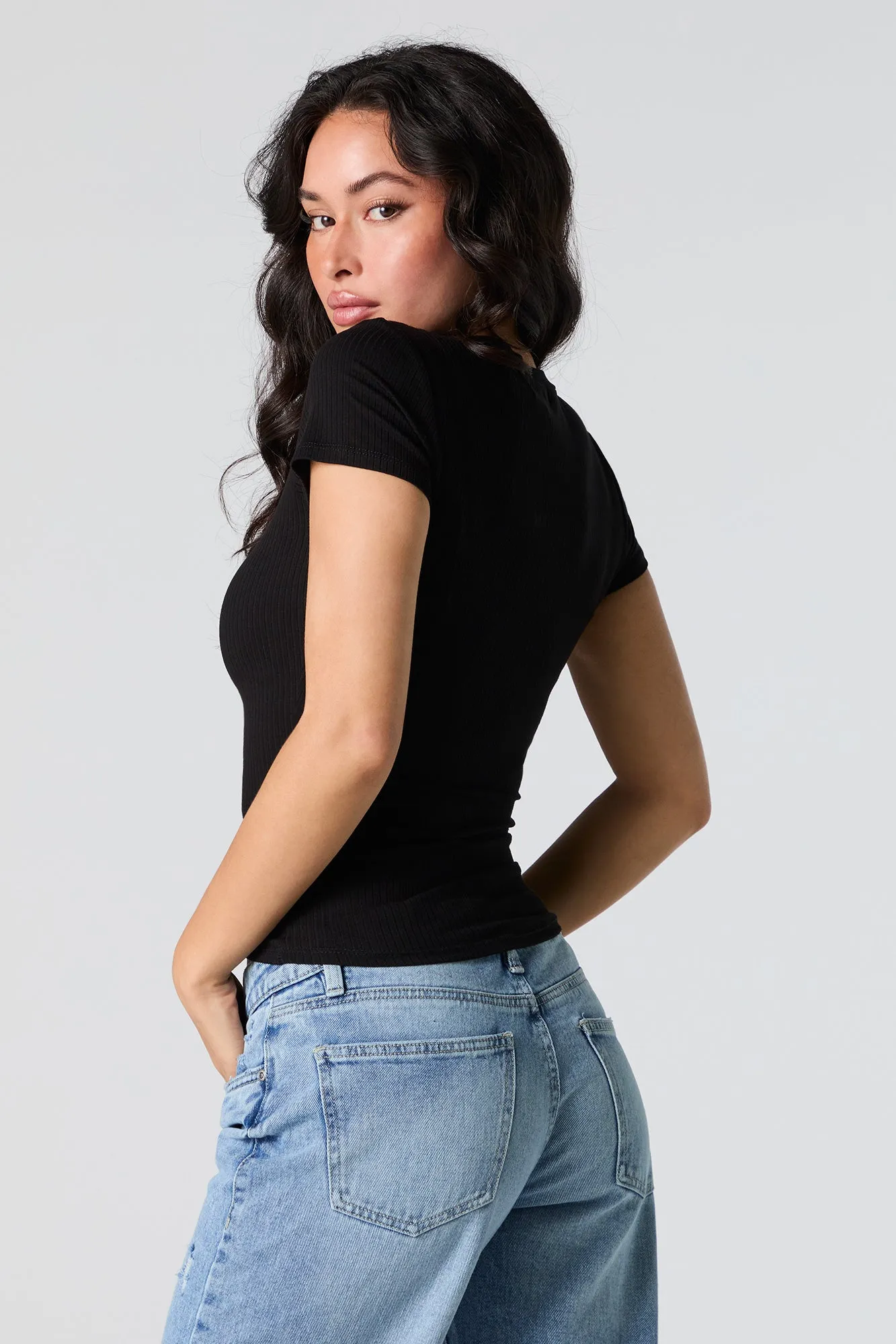 Ribbed V-Neck T-Shirt sold by Charlotte Russe product image thumbnail 5