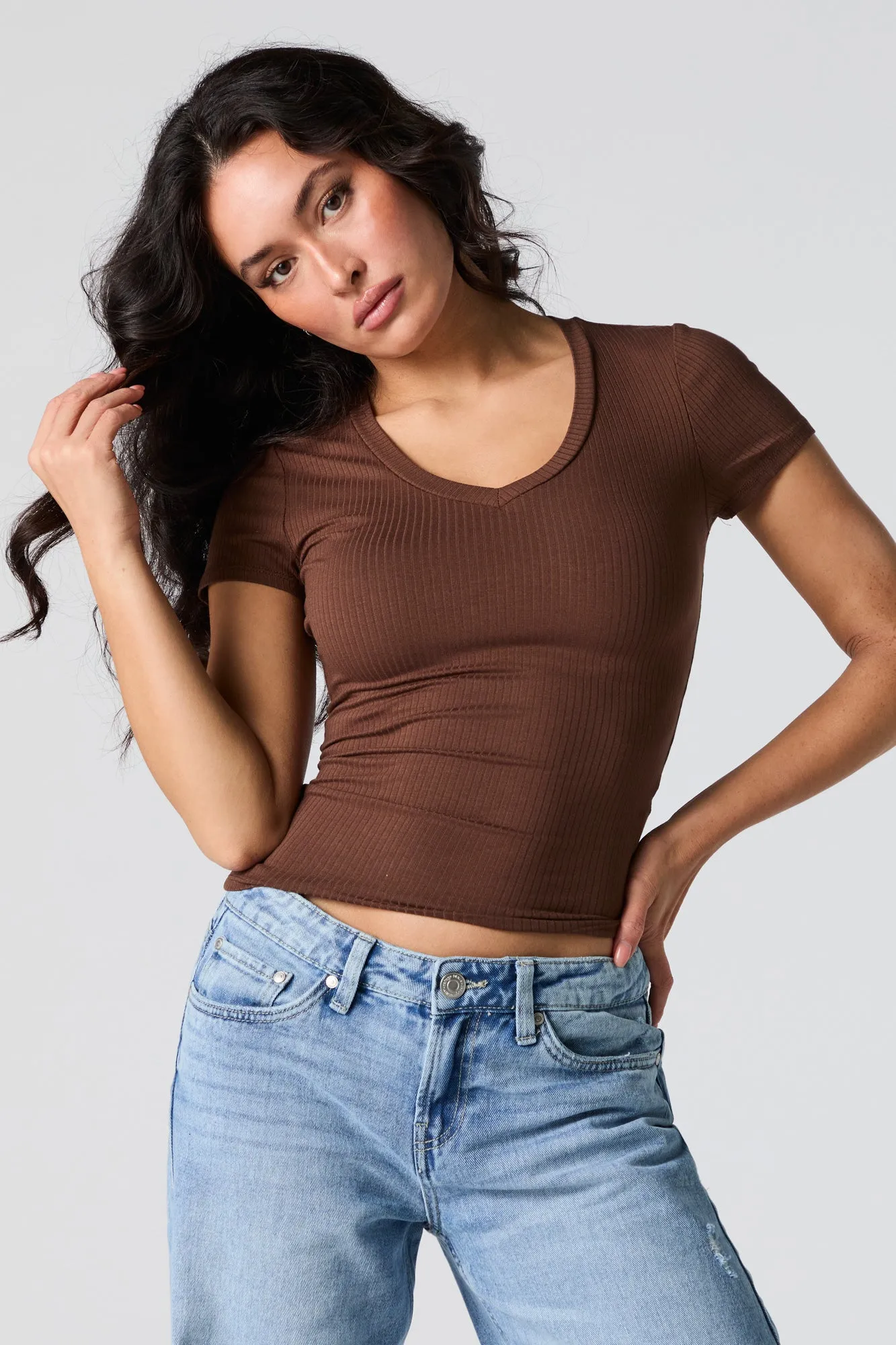 Ribbed V-Neck T-Shirt sold by Charlotte Russe