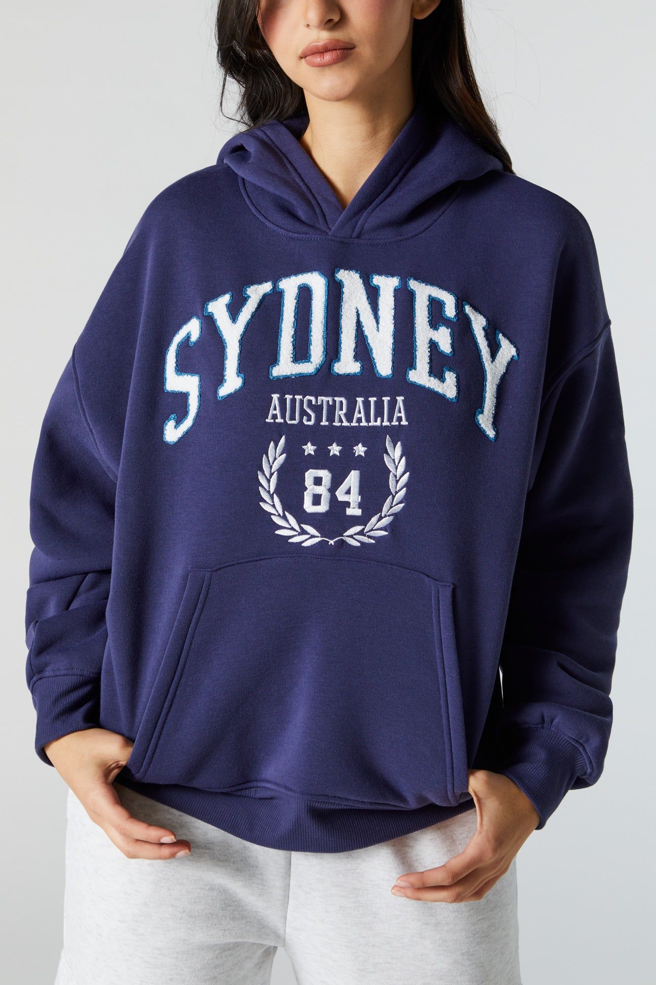 Chenille Embroidered Sydney Fleece Hoodie sold by Charlotte Russe product image thumbnail 4